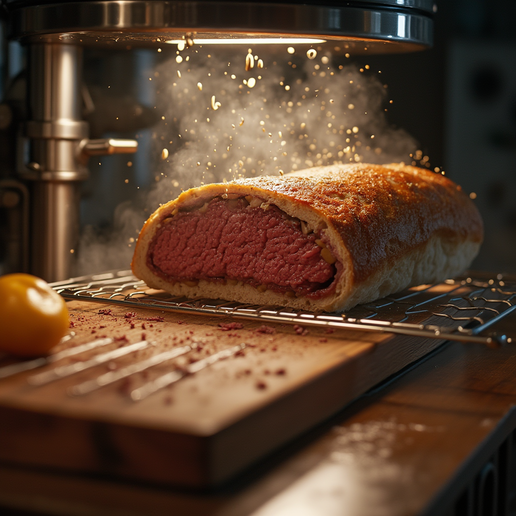 an atomic replicator creating a beef wellington