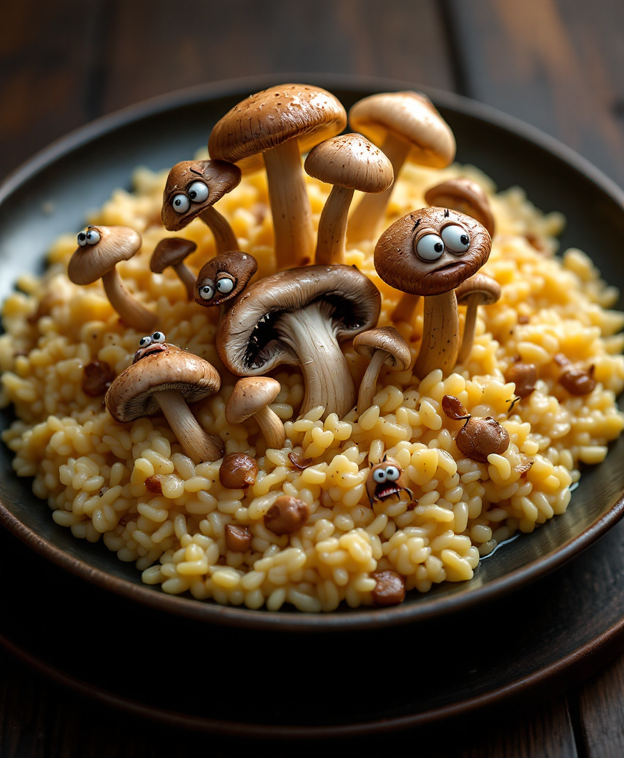 Create a photorealistic image of a **mushroom risotto** with the following specifications:

- **Visual Details**: 
  - The risotto is creamy and rich, with a texture that looks like it has been stirred to perfection, showcasing a glossy finish. 
  - The mushrooms are not just any mushrooms; they are animated and appear to be in a state of panic or distress, with wide eyes, tiny mouths, and expressions of fear or agony.
  - The mushrooms are of various sizes, with some having legs or tentacles, trying to escape from the dish. Their gills are visible, and they have a slightly translucent quality.

- **Style**: 
  - The overall image should have a surreal, hyper-realistic quality, reminiscent of Salvador Dalí's work but with the precision of food photography.

- **Composition**: 
  - The dish is centered on a dark wooden table, with the risotto taking up most of the frame. 
  - The camera is positioned slightly above, looking down at an angle that captures the depth of the dish and the expressions of the mushrooms.
  - The background should be slightly out of focus, with subtle hints of a rustic kitchen environment.

- **Mood and Atmosphere**: 
  - The lighting should be dramatic with strong shadows and highlights, giving the dish an almost otherworldly glow, enhancing the surreal nature of the scene.
  - The atmosphere is one of tension, with the risotto appearing both comforting and disturbing due to the animated mushrooms.

- **Technical Aspects**: 
  - Use techniques like rim lighting to highlight the edges of the mushrooms, giving them a sense of depth and making their expressions more vivid.
  - The depth of field should be shallow to keep the focus on the risotto and its screaming mushrooms, with a soft blur on the edges of the frame.

- **Cohesion**: 
  - All elements must work together to create a bizarre yet believable scene where the risotto itself seems normal, but the mushrooms' animation adds an unexpected, fantastical element. The surreal nature should be balanced with the realism of the food preparation to create a cohesive, engaging image.