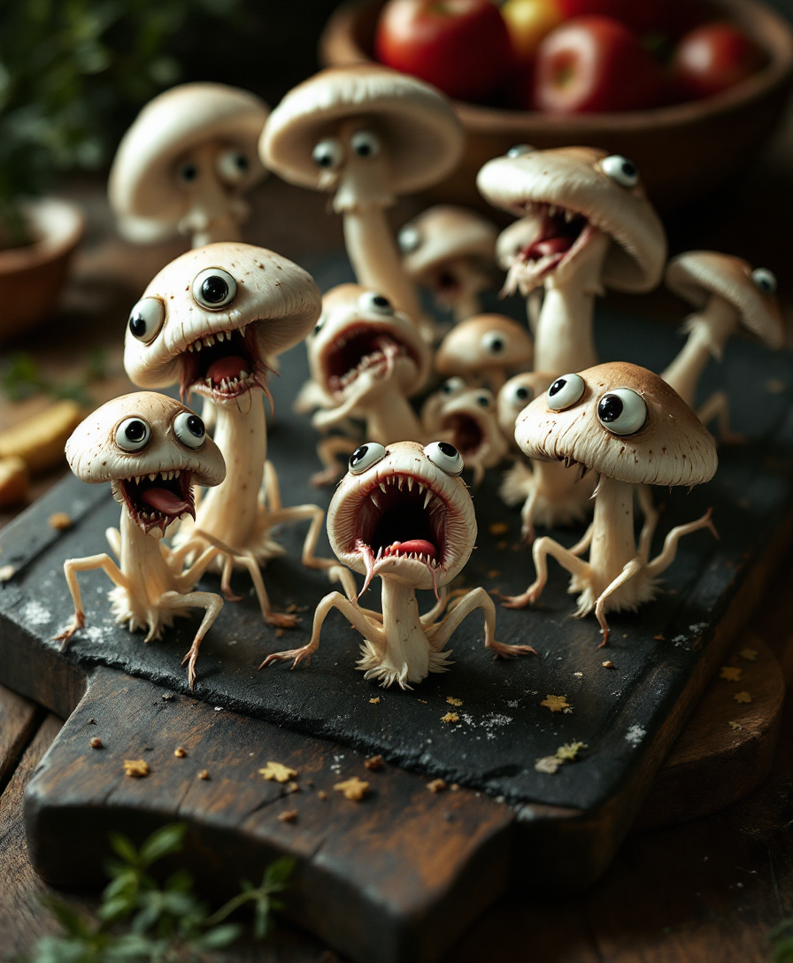 A surreal, hyper-realistic image of a bunch of animated mushrooms in various states of panic or distress on a dark wooden cutting board:

- **Visual Details**: 
  - The mushrooms are of different sizes, some with legs or tentacles, attempting to escape. Their gills are visible, giving them a slightly translucent quality.
  - They have wide eyes and tiny mouths, showing expressions of fear or agony, with textures that mimic real mushrooms but with added anthropomorphic features.
  - The lighting is dramatic with strong shadows and highlights, rim lighting around the edges of the mushrooms to enhance their depth and expressions.

- **Style**: 
  - Inspired by Salvador Dalí's surrealism but with the precision and detail of high-end food photography.

- **Composition**: 
  - The cutting board is centered on a dark wooden table, capturing the depth of the scene with the mushrooms taking up most of the frame.
  - Camera angle is slightly above, looking down to emphasize the mushrooms' escape attempts and expressions.
  - Background is slightly out of focus, hinting at a rustic kitchen environment.

- **Mood and Atmosphere**: 
  - Tension and surrealism are conveyed through the dramatic lighting, giving the scene an otherworldly glow, making the mushrooms' plight both comical and eerie.

- **Technical Aspects**: 
  - Use shallow depth of field to focus on the mushrooms, with a soft blur around the edges of the frame.
  - Employ techniques like rim lighting to highlight the edges of the mushrooms, making their expressions more vivid and adding a sense of depth.

- **Cohesion**: 
  - The surreal animation of the mushrooms contrasts with the realistic presentation of the cutting board, creating a bizarre yet believable scene where the mushrooms' distress adds a fantastical element to an otherwise ordinary kitchen setting.