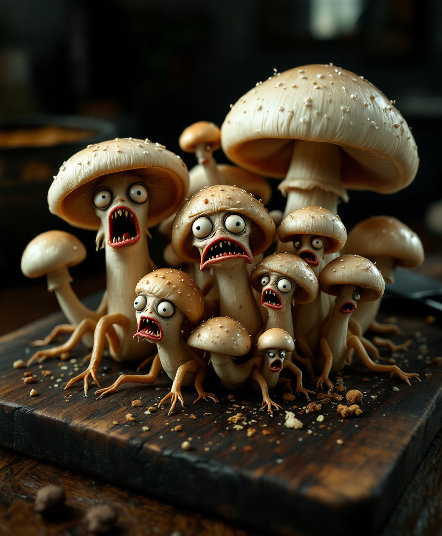 A surreal, hyper-realistic image of a bunch of animated mushrooms in various states of panic or distress on a dark wooden cutting board:

- **Visual Details**: 
  - The mushrooms are of different sizes, some with legs or tentacles, attempting to escape. Their gills are visible, giving them a slightly translucent quality.
  - They have wide eyes and tiny mouths, showing expressions of fear or agony, with textures that mimic real mushrooms but with added anthropomorphic features.
  - The lighting is dramatic with strong shadows and highlights, rim lighting around the edges of the mushrooms to enhance their depth and expressions.

- **Style**: 
  - Inspired by Salvador Dalí's surrealism but with the precision and detail of high-end food photography.

- **Composition**: 
  - The cutting board is centered on a dark wooden table, capturing the depth of the scene with the mushrooms taking up most of the frame.
  - Camera angle is slightly above, looking down to emphasize the mushrooms' escape attempts and expressions.
  - Background is slightly out of focus, hinting at a rustic kitchen environment.

- **Mood and Atmosphere**: 
  - Tension and surrealism are conveyed through the dramatic lighting, giving the scene an otherworldly glow, making the mushrooms' plight both comical and eerie.

- **Technical Aspects**: 
  - Use shallow depth of field to focus on the mushrooms, with a soft blur around the edges of the frame.
  - Employ techniques like rim lighting to highlight the edges of the mushrooms, making their expressions more vivid and adding a sense of depth.

- **Cohesion**: 
  - The surreal animation of the mushrooms contrasts with the realistic presentation of the cutting board, creating a bizarre yet believable scene where the mushrooms' distress adds a fantastical element to an otherwise ordinary kitchen setting.