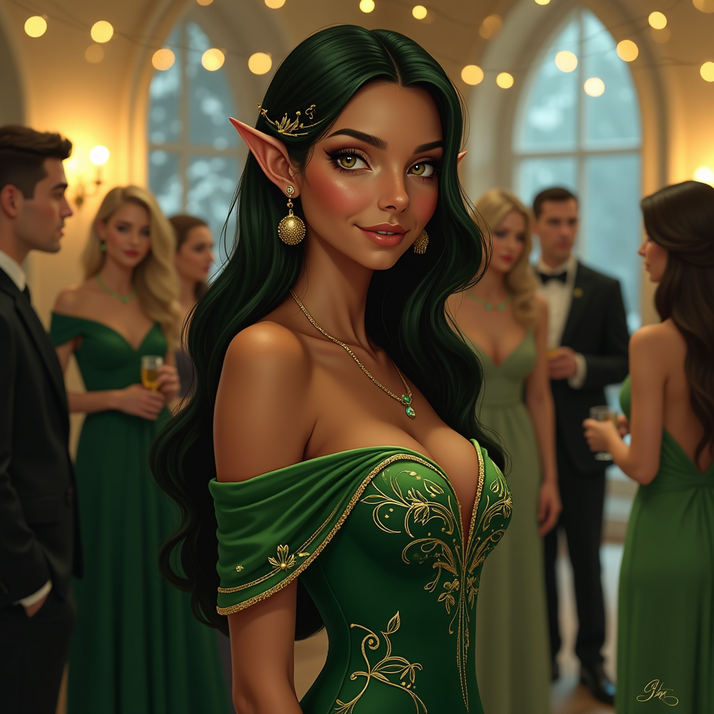 Create a digital art portrait of a **beautiful brown-skinned elf female** at a **Christmas party**. She should have **long, flowing hair with a subtle greenish hue**, adorned with **delicate, gold leaf ornaments**. Her attire consists of an **elegant, form-fitting emerald green velvet dress** with **intricate silver and gold embroidery** depicting winter flora. The dress should reflect the **soft glow of festive lighting**. Her eyes should be **almond-shaped, glowing with a hint of magic**, perhaps a slight iridescence in green or gold.She has a large bust.

**Style**: The artwork should be in the style of **fantasy realism**, reminiscent of **Brian Froud's whimsical illustrations** with a touch of **Art Nouveau** for the fluidity and organic forms of the decorations.

**Composition**: She stands in the foreground, slightly to the left, engaging with a **group of guests** in the background who are out of focus, creating a **bokeh effect**. The camera angle should be **slightly low** to emphasize her ethereal presence and the grandeur of the setting. 

**Lighting**: The scene is lit by **warm, ambient Christmas lights**, casting a **soft, golden glow** over the scene, with **twinkling fairy lights** in the background adding to the festive atmosphere.

**Mood and Atmosphere**: The mood is **joyful and magical**, with a **crisp, wintery ambiance**. The air feels charged with holiday cheer, and there's a sense of **anticipation and wonder** in the air.

**Technical Aspects**: Use **depth of field** to blur the background, highlighting the elf's features. Incorporate **subtle lens flare** from the Christmas lights to enhance the festive feel. The **color palette** should be rich with **deep greens, reds, and gold**, punctuated by the natural browns of her skin and the winter landscape outside the windows.