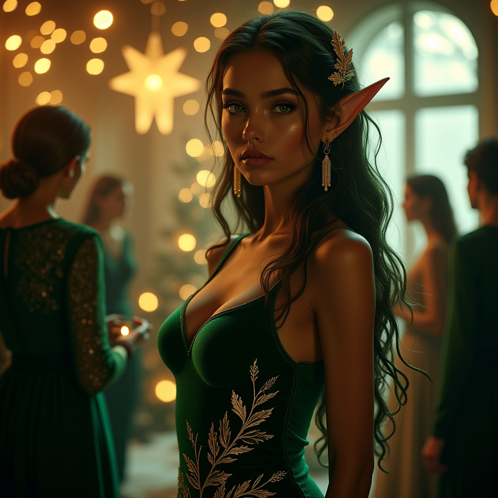 eerie,  Create a digital art portrait of a **beautiful brown-skinned elf female** at a **Christmas party**. She should have **long, flowing hair with a subtle greenish hue**, adorned with **delicate, gold leaf ornaments**. Her attire consists of an **elegant, form-fitting emerald green velvet dress** with **intricate silver and gold embroidery** depicting winter flora. The dress should reflect the **soft glow of festive lighting**. Her eyes should be **almond-shaped, glowing with a hint of magic**, perhaps a slight iridescence in green or gold.She has a large bust.

**Style**: The artwork should be in the style of **fantasy realism**, reminiscent of **Brian Froud's whimsical illustrations** with a touch of **Art Nouveau** for the fluidity and organic forms of the decorations.

**Composition**: She stands in the foreground, slightly to the left, engaging with a **group of guests** in the background who are out of focus, creating a **bokeh effect**. The camera angle should be **slightly low** to emphasize her ethereal presence and the grandeur of the setting. 

**Lighting**: The scene is lit by **warm, ambient Christmas lights**, casting a **soft, golden glow** over the scene, with **twinkling fairy lights** in the background adding to the festive atmosphere.

**Mood and Atmosphere**: The mood is **joyful and magical**, with a **crisp, wintery ambiance**. The air feels charged with holiday cheer, and there's a sense of **anticipation and wonder** in the air.

**Technical Aspects**: Use **depth of field** to blur the background, highlighting the elf's features. Incorporate **subtle lens flare** from the Christmas lights to enhance the festive feel. The **color palette** should be rich with **deep greens, reds, and gold**, punctuated by the natural browns of her skin and the winter landscape outside the windows.