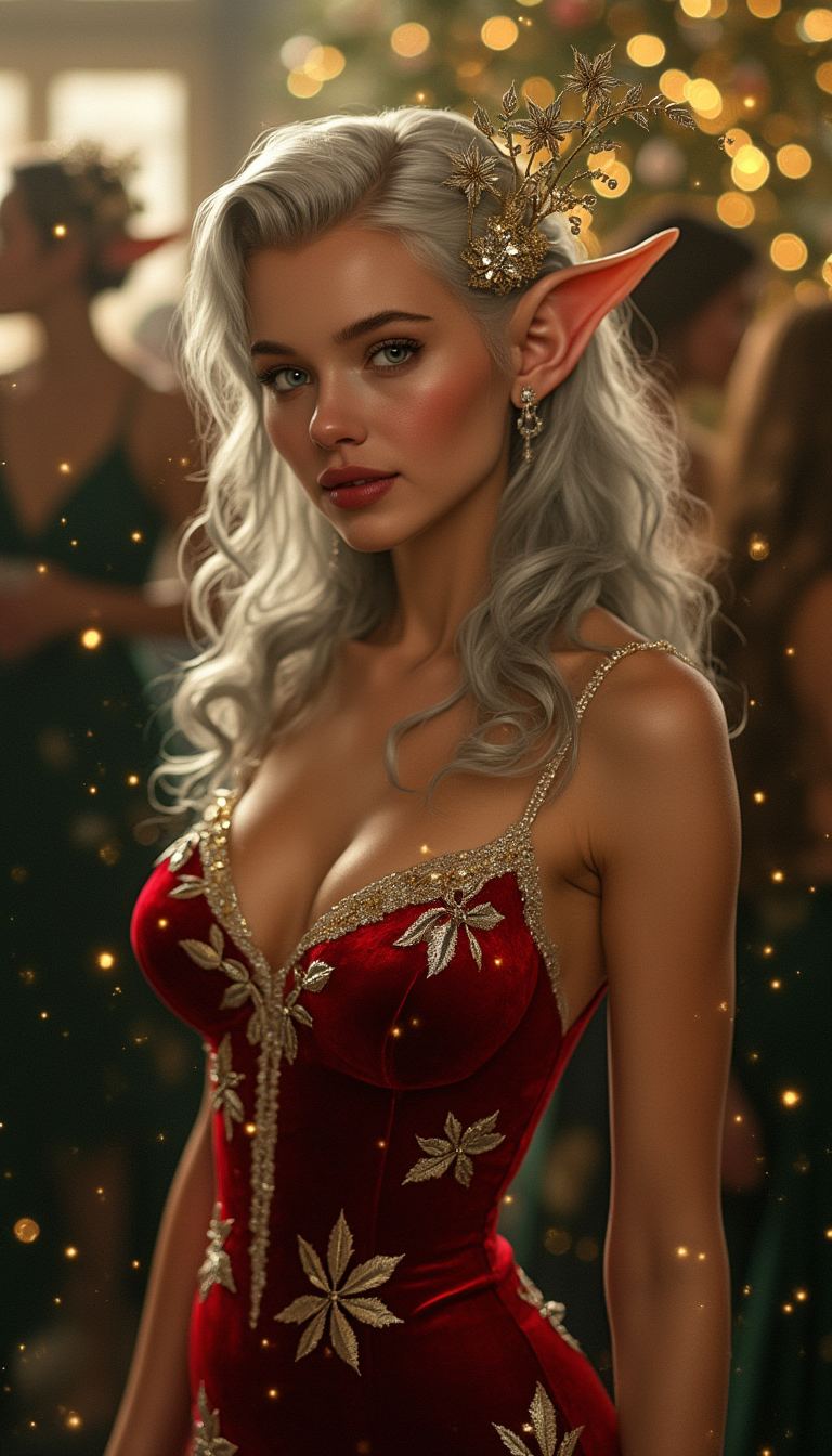  Marilyn Monroe,as a **beautiful brown-skinned elf female** at a **Christmas party**. She should have **long, flowing hair with a subtle silver hue**, adorned with **delicate, gold leaf ornaments**. Her attire consists of an **elegant, form-fitting red velvet dress** with **intricate silver and gold embroidery** depicting winter flora. The dress should reflect the **soft glow of festive lighting**. Her eyes should be **almond-shaped, glowing with a hint of magic**, perhaps a slight iridescence in green or gold.She has a large bust.

**Style**: The artwork should be in the style of **fantasy realism**, reminiscent of **Brian Froud's whimsical illustrations** with a touch of **Art Nouveau** for the fluidity and organic forms of the decorations.

**Composition**: She stands in the foreground, slightly to the left, engaging with a **group of guests** in the background who are out of focus, creating a **bokeh effect**. The camera angle should be **slightly low** to emphasize her ethereal presence and the grandeur of the setting. 

**Lighting**: The scene is lit by **warm, ambient Christmas lights**, casting a **soft, golden glow** over the scene, with **twinkling fairy lights** in the background adding to the festive atmosphere.

**Mood and Atmosphere**: The mood is **joyful and magical**, with a **crisp, wintery ambiance**. The air feels charged with holiday cheer, and there's a sense of **anticipation and wonder** in the air.

**Technical Aspects**: Use **depth of field** to blur the background, highlighting the elf's features. Incorporate **subtle lens flare** from the Christmas lights to enhance the festive feel. The **color palette** should be rich with **deep greens, reds, and gold**, punctuated by the natural browns of her skin and the winter landscape outside the windows.