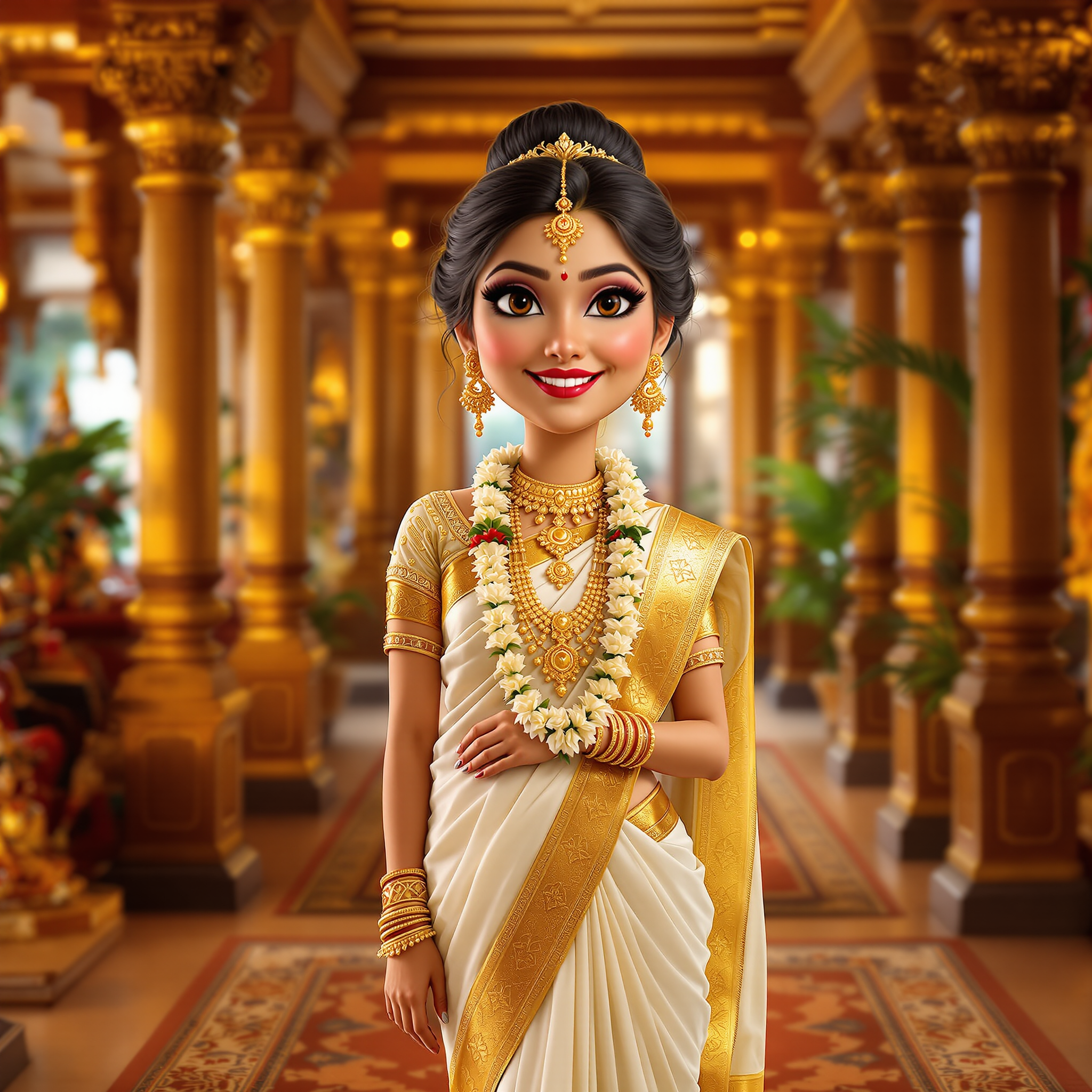 3d real caricature, This image depicts a figure adorned in traditional Indian bridal attire, standing in a richly decorated interior that suggests a temple or a similarly sacred space. Here is a detailed list and description of the visual elements present in the image1. Figures Attire Sari The figure is wearing a traditional Indian sari, which is a long piece of cloth draped over the body. The sari is predominantly white with a golden border and pallu the strip that is draped over the shoulder and chest. The folds of the sari are intricately designed, indicating a high level of craftsmanship. Blouse The blouse is a shortsleeved, fitted garment that is tucked into the sari. It is white with golden detailing and embroidery, matching the saris border and pallu. Gold Jewelry The figure is adorned with an extensive collection of gold jewelry, including a necklace, earrings, bangles, and a maang tikka headpiece. Flower Necklace Around the neck, there is a garland of white flowers, which is a common accessory in Indian weddings. Hair Accessories The figure has her hair styled in an updo with a bun, secured with a gold accessory. She also has a maang tikka and a bindi on her forehead, which are traditional Indian adornments.2. Decorative Elements of the Setting Wooden Architecture The background features intricate wooden carvings and pillars, which are characteristic of traditional Indian temple architecture. Carpet The floor is covered with a patterned carpet that complements the rich, warm tones of the setting. Lighting The ambient lighting in the room is soft and warm, casting a golden hue that enhances the sacred and celebratory atmosphere. Statues There are statues in the background, which are likely of Hindu deities, adding to the religious significance of the space. Vegetation There are hints of greenery in the background, which could be part of the temples courtyard or an indoor garden.3. Color Palette The color palette is warm and rich, dominated by gold, white, and earthy tones. These colors are often associated with purity, prosperity, and auspiciousness in Indian culture.4. Light and Shadow The lighting creates a play of light and shadow, giving depth to the figure and the surroundings. The shadows are soft and diffused, contributing to the serene and reverent mood of the scene.5. Texture The textures are varied, from the smooth fabric of the sari to the roughness of the wooden carvings. The interplay of textures adds to the visual richness of the image.6. Composition The figure is positioned centrally in the frame, which is a common compositional technique used to draw the viewers focus. The background is blurred, drawing attention to the figure and her attire.The image captures the essence of traditional Indian bridal fashion and the sacredness of a temple setting, creating a harmonious and culturally rich visual experience.