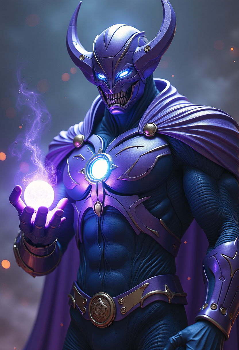 This image features Galactus, clad in a highly detailed and intricate costume, set against a cosmic backdrop suggestive of space. The characters attire is a fusion of futuristic and mechanical elements, with a color palette that includes shades of purple, blue, and gray, punctuated by glowing accents of white and light blue.The costume is adorned with a variety of textures, from the smooth, shiny surfaces of the armor to the more rugged, ribbed patterns on the chest and torso. The armor is segmented, with raised panels and intricate designs that give it a three dimensional appearance. The characters helmet is a standout feature, with a complex, angular design that seems to be made of a metallic material, with a gradient of purple hues that give it depth.The characters right hand is raised, with fingers spread wide, and the palm is open, revealing a glowing orb that emits a soft white light. The left hand is clenched into a fist, with the knuckles slightly raised, and the fingers are also lit up with a similar white light. The light seems to emanate from within the hands, suggesting a source of power or energy.The medium of the image is digital, as evidenced by the smooth gradients and the lack of texture that one might find in a physical medium. The art style is high fantasy, with a strong emphasis on the characters costume and the dramatic, otherworldly setting.The objects in the image are primarily the characters costume and the glowing orbs emanating from the hands. The costume is the central focus, with its detailed design and the way it interacts with the light, giving it a dynamic and almost alive quality. The orbs add to the sense of power and mystery, as they are the source of the light and seem to be a significant part of the characters abilities or weaponry.