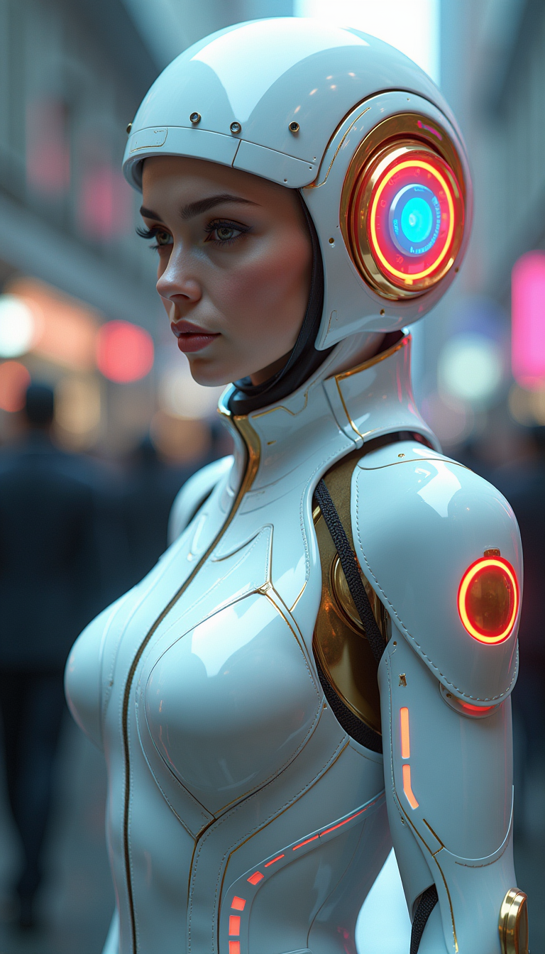 This image is a digital artwork that depicts a woman with a blend of human and robotic elements. The figure is wearing a sleek, futuristic white suit with intricate details and glowing accents in red and blue hues. The suit appears to be made of a high tech material with a glossy finish, and the joints and seams are highlighted with metallic gold.The headgear is particularly striking, with a design that suggests advanced technology. It has a circular shape with a red and blue light pattern that resembles a futuristic communication device or a piece of hightech audio equipment. The light patterns are dynamic, with the red and blue colors pulsing in sync, giving the impression of movement and energy.The figure stands out against a blurred background that suggests a crowded, bustling environment. The bokeh effect of the lights in the background adds to the futuristic ambiance of the scene. The overall art style is cinematic and hyperrealistic, with attention to detail and lighting that gives the image a threedimensional quality.The medium used to create this image is likely to be 3D computer graphics, given the smooth surfaces, lighting, and reflections. The colors are vibrant and saturated, with a focus on cool tones that evoke a sense of advanced technology and sleek design. The red and blue accents provide a visual contrast and draw the viewers attention to the figures headgear.In summary, this image is a digital artwork that captures the essence of futuristic technology and human robot hybridity. The figures suit and headgear are designed with attention to detail and vibrant colors, set against a blurred background that emphasizes the figures prominence. The overall art style is cinematic and hyperrealistic, with a focus on advanced technology and sleek design.