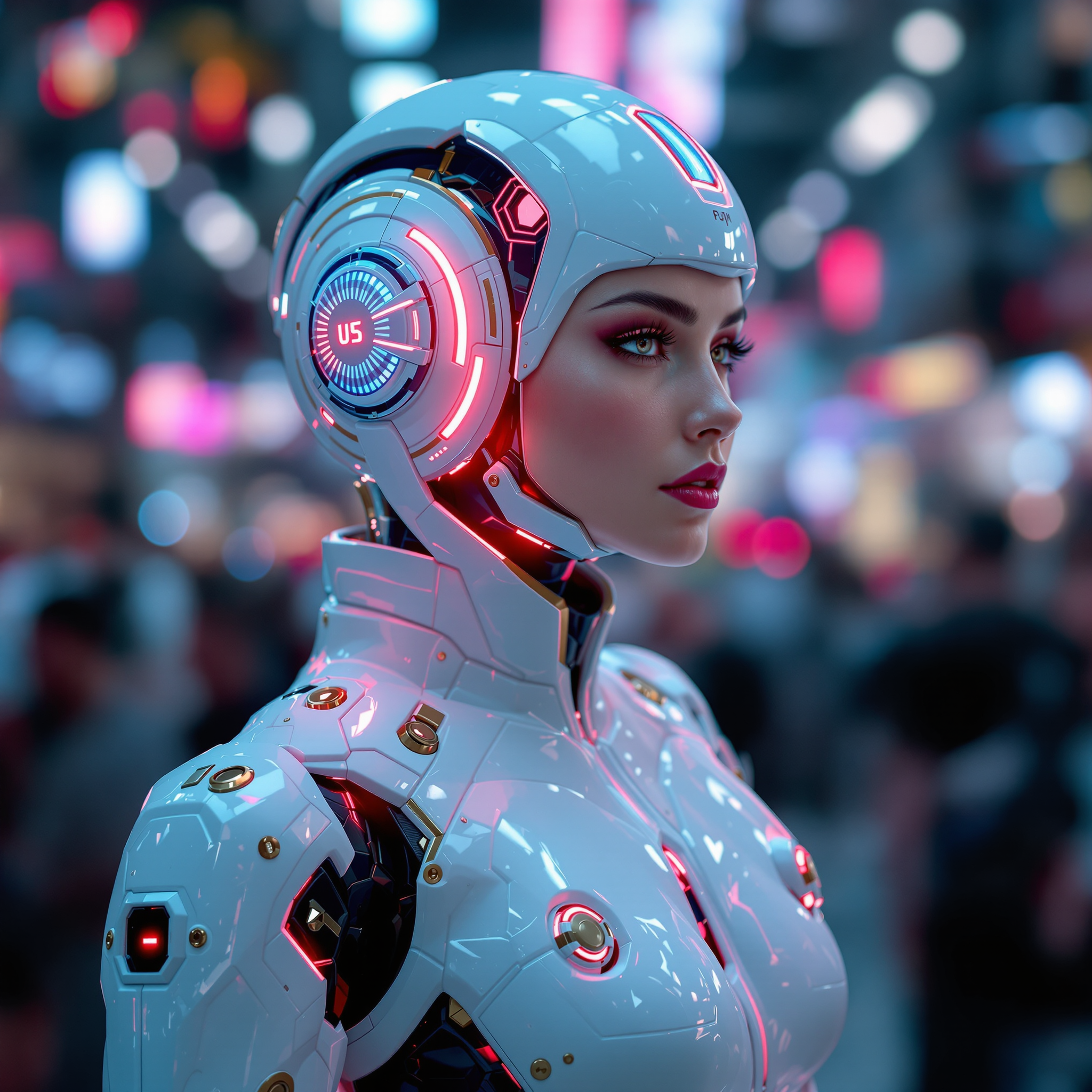 This image is a digital artwork that depicts a woman with a blend of human and robotic elements. The figure is wearing a sleek, futuristic white suit with intricate details and glowing accents in red and blue hues. The suit appears to be made of a high tech material with a glossy finish, and the joints and seams are highlighted with metallic gold.The headgear is particularly striking, with a design that suggests advanced technology. It has a circular shape with a red and blue light pattern that resembles a futuristic communication device or a piece of hightech audio equipment. The light patterns are dynamic, with the red and blue colors pulsing in sync, giving the impression of movement and energy.The figure stands out against a blurred background that suggests a crowded, bustling environment. The bokeh effect of the lights in the background adds to the futuristic ambiance of the scene. The overall art style is cinematic and hyperrealistic, with attention to detail and lighting that gives the image a threedimensional quality.The medium used to create this image is likely to be 3D computer graphics, given the smooth surfaces, lighting, and reflections. The colors are vibrant and saturated, with a focus on cool tones that evoke a sense of advanced technology and sleek design. The red and blue accents provide a visual contrast and draw the viewers attention to the figures headgear.In summary, this image is a digital artwork that captures the essence of futuristic technology and human robot hybridity. The figures suit and headgear are designed with attention to detail and vibrant colors, set against a blurred background that emphasizes the figures prominence. The overall art style is cinematic and hyperrealistic, with a focus on advanced technology and sleek design.