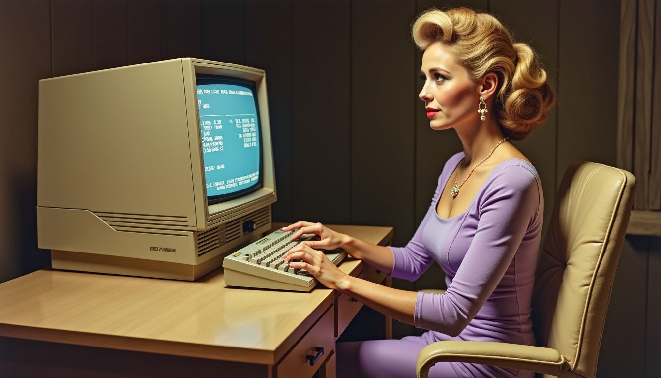 This image is a stylized representation of a woman in a vintage setting, likely from the 1960s or 1970s, given the technology and fashion depicted. The art style is reminiscent of midcentury advertising, with a focus on the subject and a nostalgic, almost dreamlike quality.Medium The image appears to be a digital creation, given the clarity and sharpness of the details. It could be a digitally altered photograph or a completely computergenerated image.Colors The color palette is warm and muted, with a sepia tone that gives the image a vintage feel. The womans hair is a rich blonde, and her dress is a soft lavender, which contrasts nicely with the darker tones of the vintage computer equipment and the beige of the chair. The monitor screen displays a blueish hue, which stands out against the darker background.Objects in the Image1. The Woman She is seated at a desk, wearing a fitted, kneelength dress with a square neckline and long sleeves. Her hair is styled in a voluminous bouffant hairstyle, which is characteristic of the era. She is focused on the keyboard in front of her, her hands poised over the keys as if she is typing.2. The Computer The computer is a vintage model, with a bulky, boxy design. It has a large, bulky monitor with a CRT screen, displaying a complex array of text and numbers, which suggests it might be a mainframe or a largescale computing system. The keyboard is a fullsized, mechanical keyboard, with keys that are large and spaced apart, which was common in older computer models.3. The Desk The desk is a simple, utilitarian piece of furniture, with a flat surface and a drawer underneath. It is a neutral beige color, which complements the warm tones of the womans dress and the vintage computer.4. The Chair The chair is a simple, upholstered office chair with a straight backrest and armrests. It is a neutral beige color, which matches the desk and the vintage aesthetic of the setting.Overall, the image evokes a sense of nostalgia and a bygone era of computing and fashion. The subject, the woman, is the focal point, with the vintage computer and the surrounding objects providing a backdrop that complements her and adds to the overall vintage feel of the image.