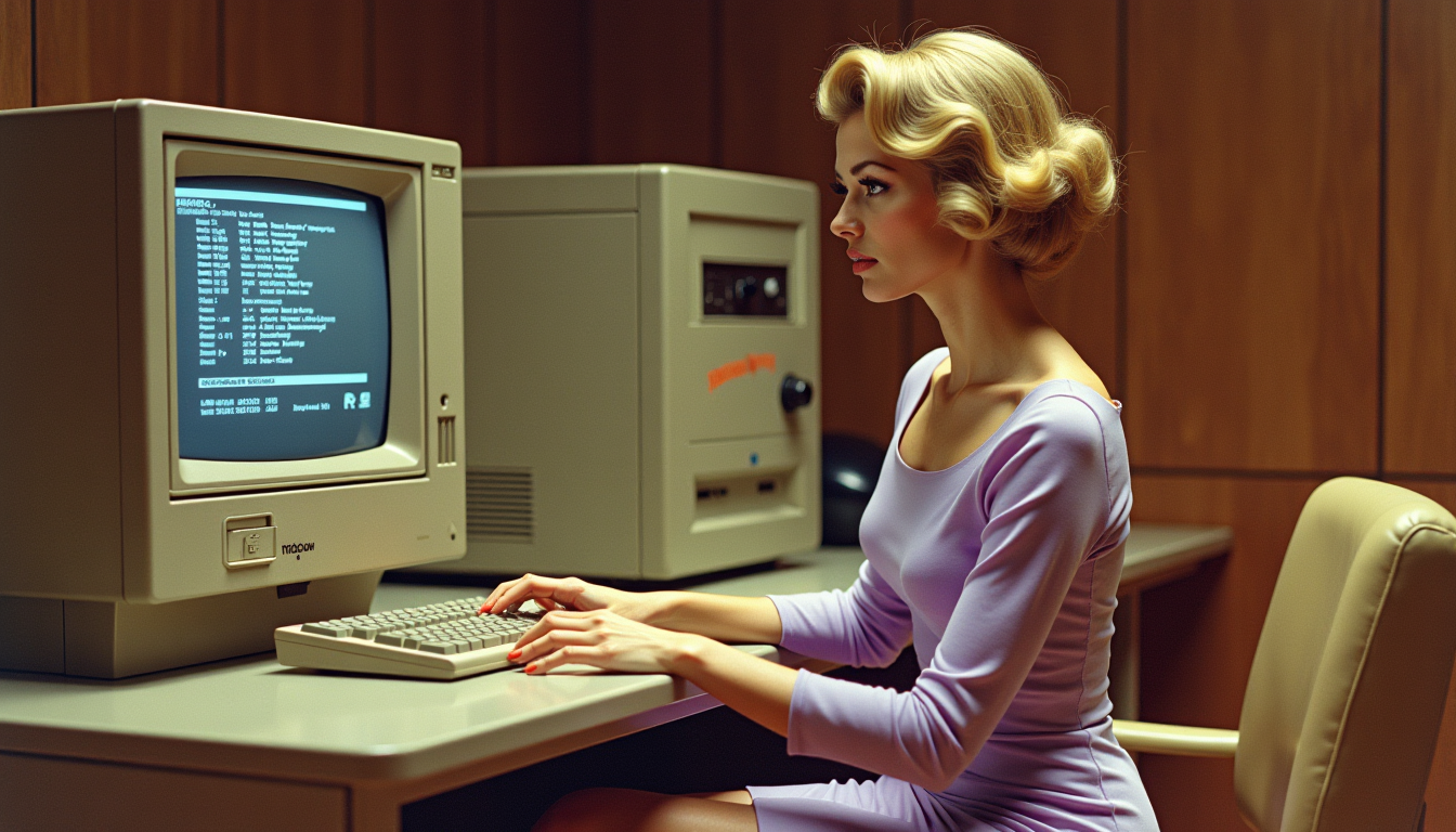 This image is a stylized representation of a woman in a vintage setting, likely from the 1960s or 1970s, given the technology and fashion depicted. The art style is reminiscent of midcentury advertising, with a focus on the subject and a nostalgic, almost dreamlike quality.Medium The image appears to be a digital creation, given the clarity and sharpness of the details. It could be a digitally altered photograph or a completely computergenerated image.Colors The color palette is warm and muted, with a sepia tone that gives the image a vintage feel. The womans hair is a rich blonde, and her dress is a soft lavender, which contrasts nicely with the darker tones of the vintage computer equipment and the beige of the chair. The monitor screen displays a blueish hue, which stands out against the darker background.Objects in the Image1. The Woman She is seated at a desk, wearing a fitted, kneelength dress with a square neckline and long sleeves. Her hair is styled in a voluminous bouffant hairstyle, which is characteristic of the era. She is focused on the keyboard in front of her, her hands poised over the keys as if she is typing.2. The Computer The computer is a vintage model, with a bulky, boxy design. It has a large, bulky monitor with a CRT screen, displaying a complex array of text and numbers, which suggests it might be a mainframe or a largescale computing system. The keyboard is a fullsized, mechanical keyboard, with keys that are large and spaced apart, which was common in older computer models.3. The Desk The desk is a simple, utilitarian piece of furniture, with a flat surface and a drawer underneath. It is a neutral beige color, which complements the warm tones of the womans dress and the vintage computer.4. The Chair The chair is a simple, upholstered office chair with a straight backrest and armrests. It is a neutral beige color, which matches the desk and the vintage aesthetic of the setting.Overall, the image evokes a sense of nostalgia and a bygone era of computing and fashion. The subject, the woman, is the focal point, with the vintage computer and the surrounding objects providing a backdrop that complements her and adds to the overall vintage feel of the image.