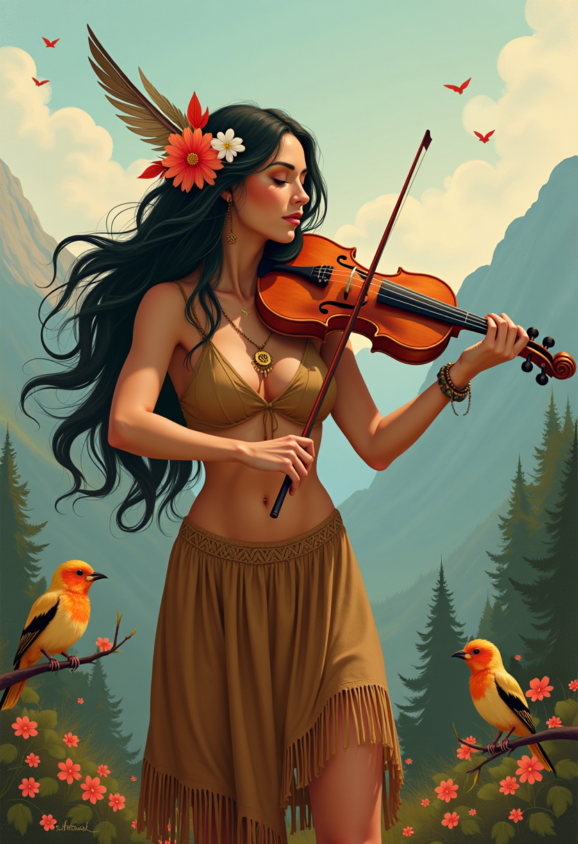  This is a digital photo of Marlyn Monroe ,that captures a moment of musical reverie. The art style is fantastical, with a touch of realism, employing a high level of detail and a rich, painterly quality. The medium appears to be a digital painting tool, given the smooth blending and gradients of color.The colors are warm and vibrant, with a predominance of earthy tones that give the image a grounded, natural feel. The palette is enlivened by pops of red and white flowers, which stand out against the more subdued background. The sky is a soft, pastel blue, suggesting a tranquil, almost ethereal atmosphere.The central figure is a woman with long, dark hair adorned with a variety of flowers and feathers, which adds a touch of the exotic and the wild. She is wearing a simple, fringed garment that suggests a primitive or tribal origin, further emphasizing her connection with nature. Her skin is a warm, sunkissed tone, and her posture is relaxed yet poised, indicating a moment of calm focus.She is playing a violin, which is a striking focal point. The violin is rich in detail, with realistic wood grains and strings, and it is held with a sense of familiarity and ease. The bow is in motion, suggesting the sound of music.There are several birds in the image, which add to the sense of harmony and tranquility. One bird is perched on the violins shoulder, another on the bow, and a third is perched on a branch in the lower left corner. These birds are rendered with a lifelike quality, with detailed feathers and a sense of movement.The background is a blend of natural elements, with trees, flowers, and a mountainous landscape that fades into a misty horizon. This setting complements the womans connection to nature and reinforces the theme of harmony between music and the environment.Overall, the image exudes a sense of peaceful coexistence, with music as the unifying force. The interplay of light and shadow, the careful rendering of textures, and the use of color all contribute to the paintings emotional depth and visual appeal.