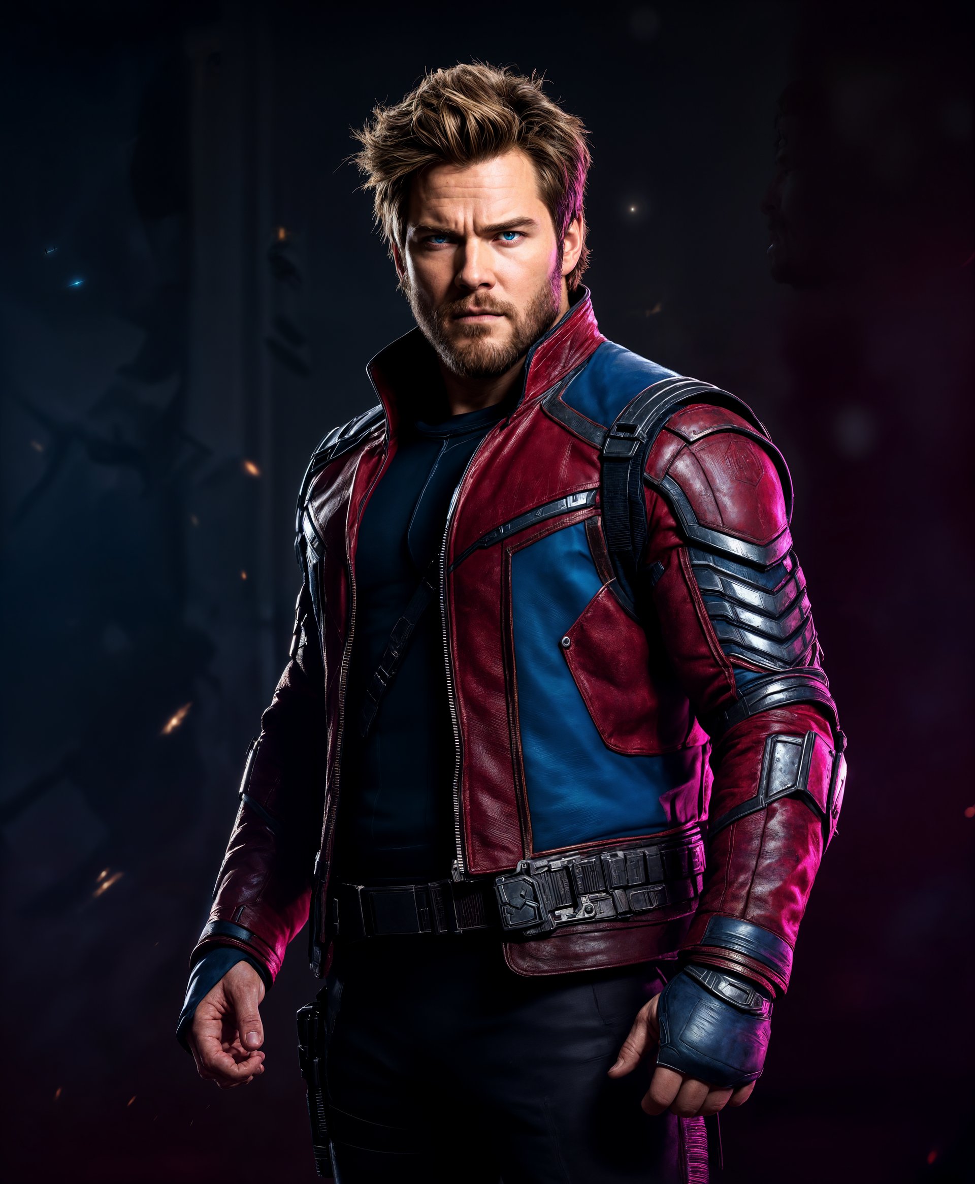 masterpiece, best quality, highres, sharp image, more detail, masterpiece, best quality, highres, sharp image, more detail, **Subject**: Star-Lord from Marvel Rivals Game, portrayed by Chris Pratt with a rugged, battle-ready look. His hair is slightly tousled, and his face is set with a determined, focused expression.

**Costume**: Wearing his iconic suit, a fusion of futuristic armor and weathered leather, with intricate detailing on the chest plate, shoulder pads, and boots. The suit features vibrant red, blue, and silver colors, showing signs of wear and tear from his adventures.

**Lighting**: Backlit with a soft rim light to outline his silhouette against a dark, gritty background. A key light at a slight angle illuminates his face, emphasizing the intensity in his eyes and the texture of his costume.

**Style**: Cinematic with a touch of comic book realism, reminiscent of a still from a Marvel movie. The scene has a slight lens flare to enhance the sci-fi feel, with dynamic, high-contrast tones to emphasize the action and anticipation.

**Composition**: Star-Lord is centered, filling most of the frame. His arms are outstretched, gripping his blasters, creating a strong diagonal line leading the eye through the image. The camera angle is low, looking up at him to accentuate his heroic stature.

**Mood and Atmosphere**: Tense and charged with adrenaline, capturing the calm before the storm. The lighting and composition suggest a moment of quiet before Star-Lord unleashes his firepower, enhancing the anticipation of the upcoming battle.

**Technical Aspects**: Shallow depth of field to blur the background, focusing attention on Star-Lord. High shutter speed to freeze the action, and a wide aperture for a cinematic bokeh effect, enhancing the movie-like quality of the image.

**Cohesion**: All elements combine to create a believable, high-energy scene from a Marvel movie, where Star-Lord's readiness for battle is palpable, his posture and expression conveying his readiness to confront an unseen threat.