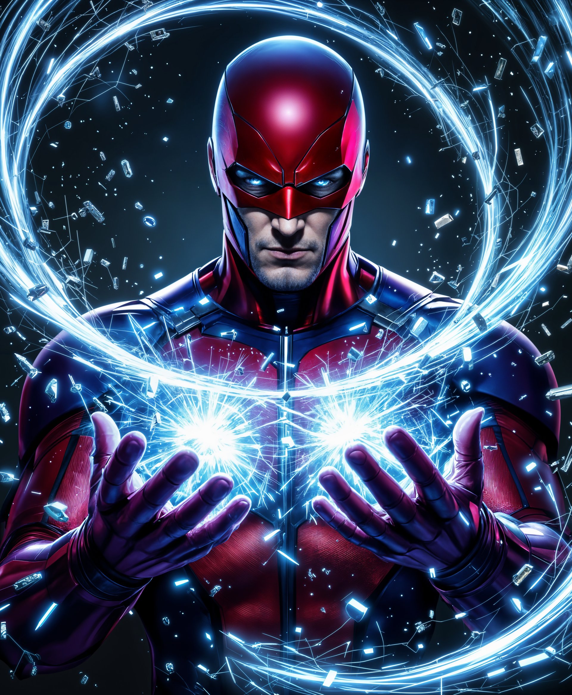masterpiece, best quality, highres, sharp image, more detail, masterpiece, best quality, highres, sharp image, more detail, **Prompt:**

A captivating, magnetic portrait of Magneto from Marvel's X-Men, showcasing his formidable powers in action:

- **Visual Details:** 
  - Magneto is depicted in his iconic red and purple suit, with the helmet slightly askew to reveal his intense, focused eyes. 
  - His hands are outstretched, manipulating a swirling vortex of metal objects around him, which include sharp, twisted pieces of metal, bolts, and wires, all glowing with a magnetic blue aura.
  - The texture of his costume is metallic and slightly reflective, catching the light in a way that highlights his muscular form.

- **Style:**
  - The image adopts a neo-futuristic style, blending hyper-realism with abstract elements to emphasize the surreal nature of his powers.
  - The use of chiaroscuro enhances the dramatic effect, with deep shadows and bright highlights.

- **Composition:**
  - Magneto is centrally positioned, filling the frame, with his figure slightly tilted to convey dynamic movement.
  - The camera angle is slightly low, looking up at him, which adds to his imposing presence.
  - The background consists of a dark, stormy sky with lightning, subtly reflecting off the metallic elements.

- **Mood and Atmosphere:**
  - The atmosphere is charged with tension and energy, as if the very air is vibrating with magnetic force.
  - The scene is set at twilight, with the sky a mix of deep purples and blues, contributing to an ominous, powerful mood.

- **Technical Aspects:**
  - Use of motion blur on the metal objects to indicate their rapid movement.
  - High contrast and saturation to make the colors pop and enhance the drama.
  - Depth of field focuses sharply on Magneto, with the metal objects slightly out of focus to draw attention to him.

- **Cohesion:**
  - Every element from the costume, lighting, and metal manipulation to the stormy backdrop works in harmony to create a scene that feels both fantastical and grounded, showcasing Magneto's mastery over magnetism in a visually compelling narrative.