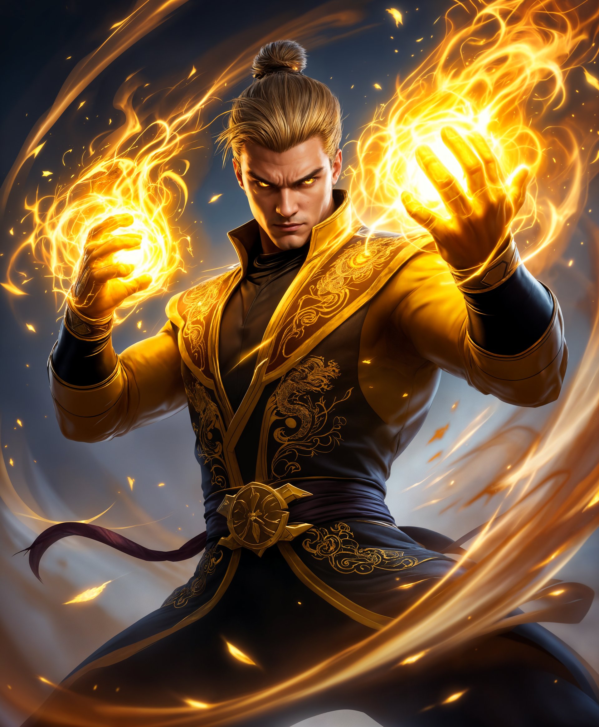 masterpiece, best quality, highres, sharp image, more detail, A dynamic and **hyper-detailed** portrait of **Iron Fist** from the game *Marvel Rivals*, **mid-action** using his super powers. Capture him in a **dramatic stance**, with **fists glowing with a mystical, fiery energy** that **emanates a golden light** casting **soft shadows and highlights** on his face and costume. His **eyes are intensely focused**, reflecting the same golden hue. 

**Visual Details:**
- **Costume:** A blend of traditional martial arts attire with modern superhero elements, incorporating dragon motifs and intricate patterns that seem to shimmer with an inner light.
- **Lighting:** Utilize **chiaroscuro** techniques to enhance the contrast between light and shadow, emphasizing the **ethereal quality of his powers**.
- **Textures:** His costume should have a **textured look** with **embroidery details**, while the energy around his fists should have a **flame-like, almost transparent quality**.

**Style:**
- **Comic book style** with **cel-shading** to give a **cartoon-like yet realistic depth**. 
- Incorporate **motion lines** subtly around him to convey speed and action.

**Composition:**
- **Rule of thirds** applied with Iron Fist positioned to the left, looking towards the center, suggesting movement towards the viewer.
- **Close-up** shot focusing on his upper body and face, with **energy lines** extending out of frame to imply a larger battle scene.

**Mood and Atmosphere:**
- **Intense**, **heroic**, and **otherworldly** with a sense of **urgency and power**. 
- **Evening setting** with **twilight colors** in the background, suggesting the battle is taking place at dusk.

**Technical Aspects:**
- **High dynamic range** (HDR) to capture the range of light from the darkest shadows to the brightest energy glow.
- **Bokeh effect** in the background to blur out any distractions, focusing solely on Iron Fist and his powers.

**Cohesion:**
- Ensure the **energy from his fists** seamlessly blends with the lighting of the scene, creating a unified visual narrative where his powers are not just an effect, but an integral part of the environment and mood.