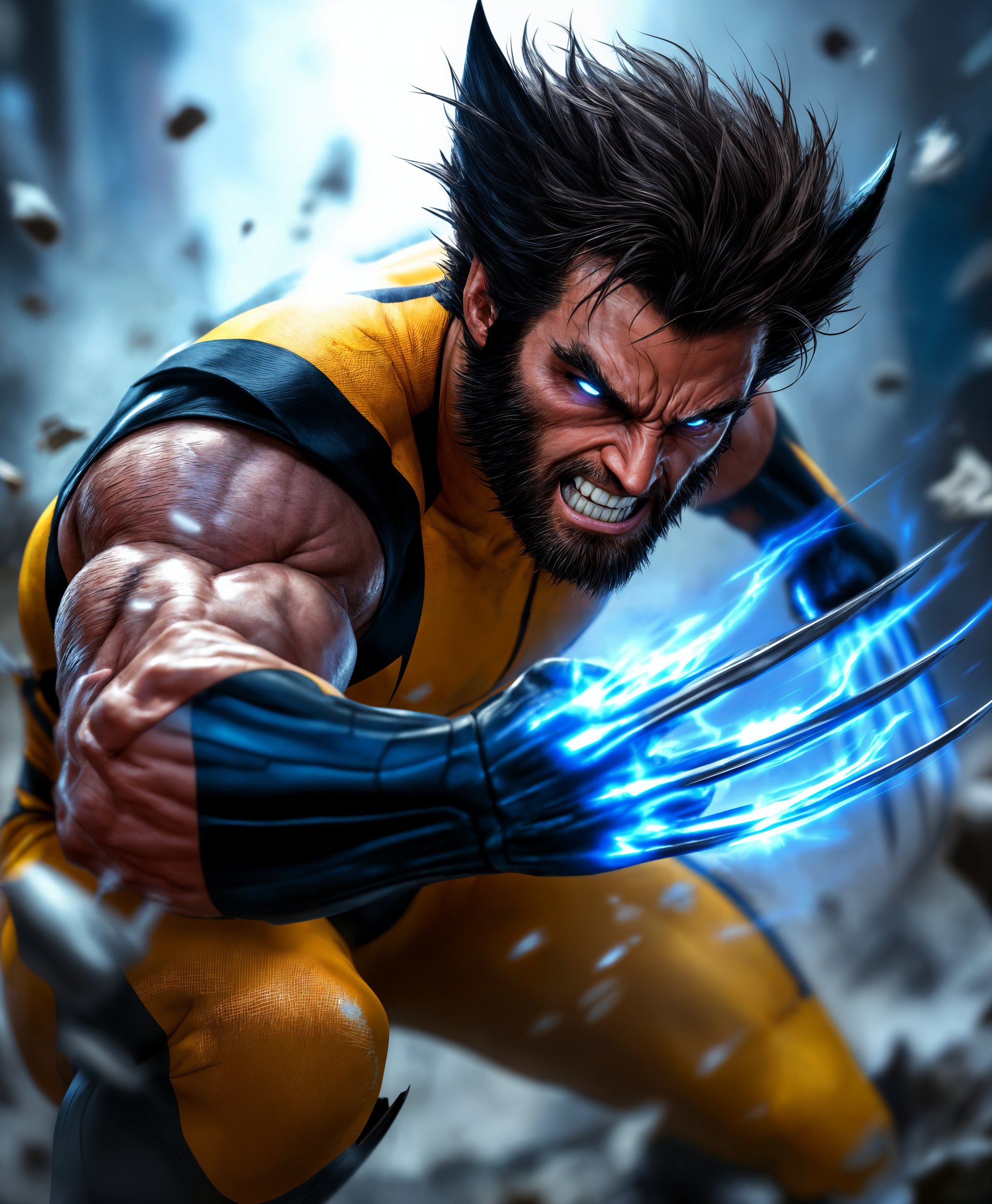 masterpiece, best quality, highres, sharp image, more detail, masterpiece, best quality, highres, sharp image, more detail, A dynamic, high-contrast **portrait** of **Wolverine** from the game *Marvel Rivals*, showcasing his **super powers** in action:

- **Visual Details**: Wolverine's iconic yellow and black suit with blue highlights, his adamantium claws extended and shimmering with energy. His eyes glow with a feral intensity, and his hair is wild, with individual strands dynamically moving as if in a windstorm. 
- **Style**: Rendered in a **comic book style** with bold outlines, dramatic shadows, and vivid colors to capture the essence of a superhero in combat. Emulate the visual style of *Marvel Rivals* with a touch of realism.
- **Composition**: Wolverine is in a **three-quarter view**, positioned slightly off-center to the left, with his claws and body language suggesting an imminent attack or defensive stance. The background should be blurred, focusing on him, with hints of destroyed urban environment to suggest the chaos of a battle.
- **Mood and Atmosphere**: The mood is intense and electric, capturing the adrenaline of a superhero fight. The lighting is dramatic with harsh shadows and highlights, simulating a late afternoon in a city under siege, with debris and smoke subtly present.
- **Technical Aspects**: Utilize **chiaroscuro** lighting techniques to enhance the contrast between light and dark areas, giving depth to his muscles and the energy effects around his claws. Use **motion blur** for his claws to suggest speed and power.

*Prompt*: "A dynamic, comic book style portrait of Wolverine from Marvel Rivals, in a high-contrast, late afternoon urban battle setting. His claws are extended, shimmering with energy, eyes glowing with ferocity, hair wild, and the scene conveys the intensity of a superhero fight with dramatic lighting and motion blur on the claws."