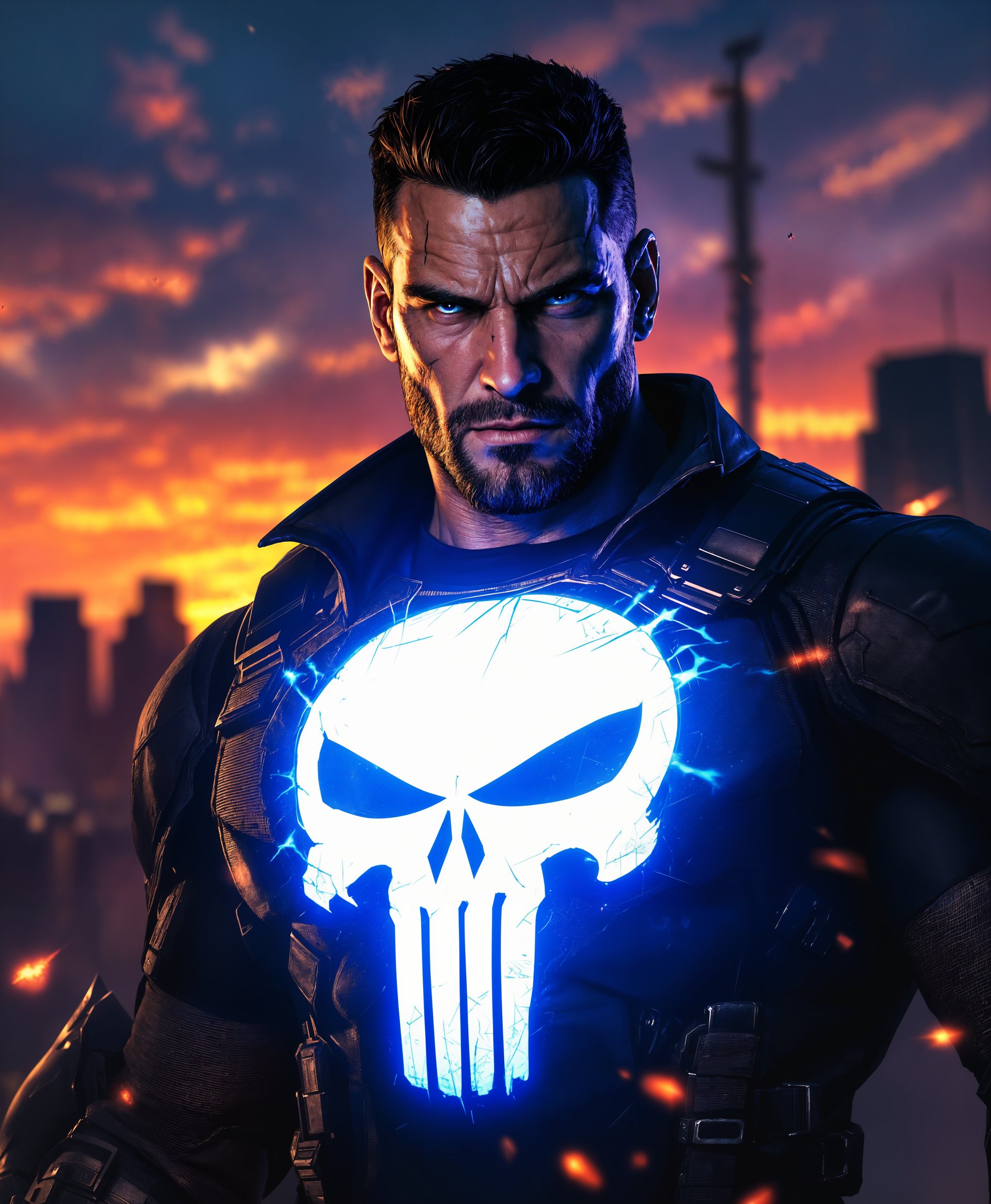 masterpiece, best quality, highres, sharp image, more detail, masterpiece, best quality, highres, sharp image, more detail, **A dynamic portrait of The Punisher from Marvel Rivals, showcasing his superhuman abilities:**

- **Visual Details:** The image captures The Punisher in mid-action, his iconic skull emblem on his chest glowing with a spectral blue light, casting an eerie illumination on his face. His eyes are narrowed in focus, with a steely determination. His outfit is tactical, heavily armored, with visible wear and tear, suggesting he has been through numerous battles. His skin is weathered, with scars, enhancing his gritty, battle-hardened appearance. 
- **Lighting:** The scene is set at twilight, with the last rays of sunlight casting long shadows and highlighting the blue glow of his powers. The backdrop features a city skyline, with buildings silhouetted against a fiery orange and purple sky.
- **Style:** Rendered in a high-contrast, neo-noir style with a touch of hyperrealism, emphasizing the dramatic lighting and the texture of materials like leather, metal, and fabric. The image should mimic the intense, action-packed scenes from graphic novels, with a slight comic book feel through the exaggerated lighting and shadows.
- **Composition:** The Punisher is positioned slightly off-center, looking directly at the viewer, creating an intense, confrontational atmosphere. His body is angled to suggest movement, as if he's about to spring into action or has just landed from a leap. The camera angle is low, looking up at him, adding to his imposing presence.
- **Mood and Atmosphere:** The mood is tense, with an air of imminent danger. The atmosphere is charged with energy, as if his super powers are about to unleash in full force. The environment is gritty, urban, with signs of recent conflict visible in the background, like bullet holes or debris.
- **Technical Aspects:** Utilize a shallow depth of field to keep The Punisher in sharp focus while the background blurs, enhancing the sense of depth. Employ HDRI techniques to capture the full dynamic range of lighting, ensuring the glowing skull emblem stands out. Use motion blur to indicate his rapid movement or the swirling energy around him.

**Prompt:** A hyperrealistic, neo-noir portrait of The Punisher from Marvel Rivals, showcasing his super powers with a glowing skull emblem, set against a twilight cityscape. The image should convey intense action, with high contrast lighting, tactical gear, and a gritty urban atmosphere. The composition focuses on his battle-hardened face, with low camera angle and shallow depth of field, capturing his movement and the energy of his powers in motion