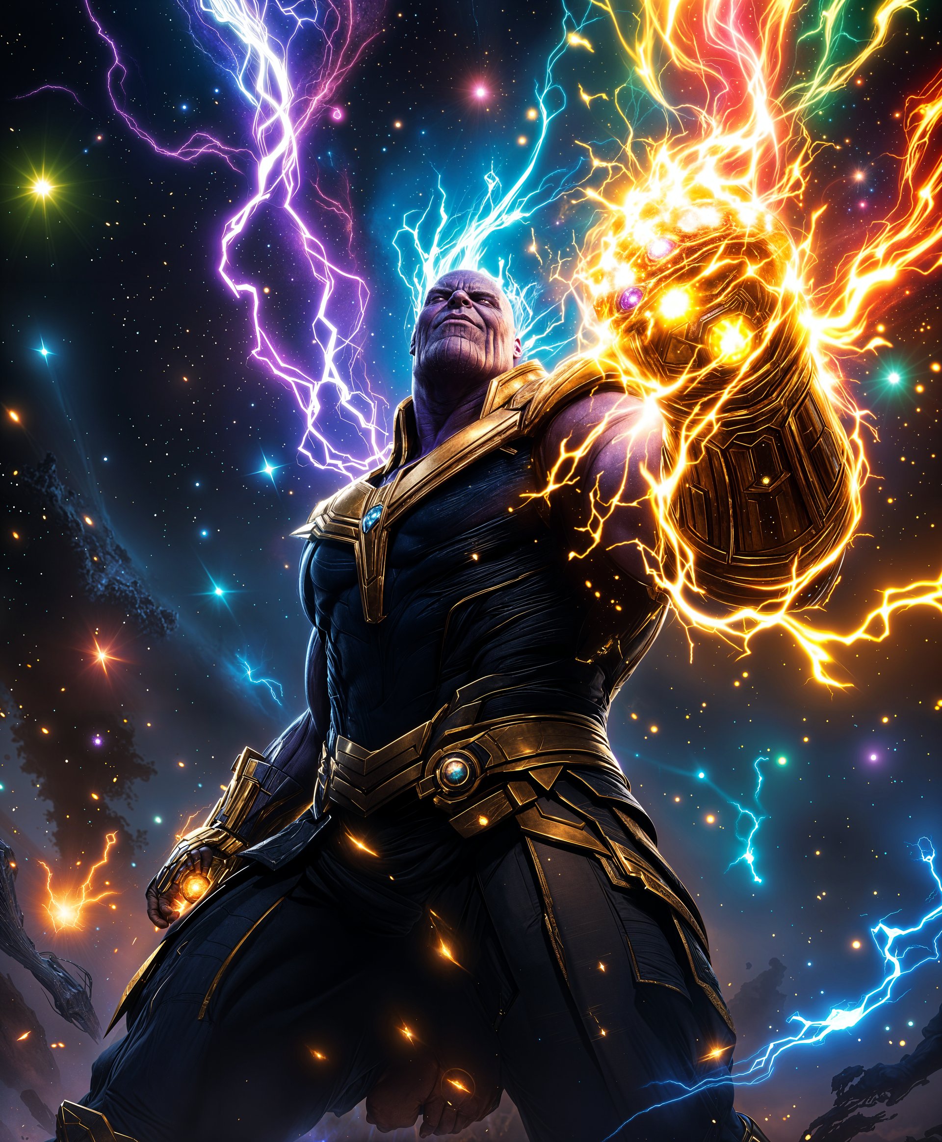 masterpiece, best quality, highres, sharp image, more detail <lora:more_details:0.5> <lora:SDXLrender_v2.0:1>, **Prompt:**

Create a highly detailed cinematic scene where Thanos, the formidable Titan from Marvel Comics, is depicted in a moment of immense power and consequence. Here are the specifics:

- **Subject:** Thanos, with his massive, muscular physique, adorned in his iconic armor, stands central in the frame. His left hand, equipped with the Infinity Gauntlet, is prominently raised with fingers slightly spread, as if about to snap.

- **Action:** Capture the moment just before or as the snap happens. Emanating from the Gauntlet, depict intense, swirling energy beams representing the power of the Infinity Stones. These beams should be in the colors associated with each stone (purple, blue, red, green, yellow, orange).

- **Visual Details:**
  - **Thanos:** His skin should have a deep purple hue, with intricate details like scars, veins, and the texture of his armor.
  - **Infinity Gauntlet:** The Gauntlet should appear ancient and powerful, with the stones glowing brightly.
  - **Environment:** Show the Marvel Universe beginning to unravel around him. Include recognizable elements like planets, stars, or iconic locations like Wakanda or Asgard, but in a state of disintegration or fading away.

- **Style:** Utilize a style reminiscent of high-budget Marvel movies, combining elements of epic fantasy, science fiction, and superhero aesthetics. The scene should evoke the grandeur of a blockbuster film, with a touch of surrealism to represent the universe's destruction.

- **Composition:** 
  - **Framing:** Use a wide-angle shot to capture the enormity of the scene, with Thanos slightly off-center to allow room for the chaotic destruction.
  - **Camera Angle:** Shoot from a low angle to enhance Thanos's imposing presence, making him appear larger than life.

- **Mood and Atmosphere:**
  - **Lighting:** The scene should be dramatically lit with the light sources primarily coming from the Infinity Stones, casting an eerie, powerful glow.
  - **Ambiance:** The atmosphere should be one of dread, awe, and inevitable doom. The background can show the universe in turmoil, with streaks of light and particles dispersing.

- **Technical Aspects:**
  - **Depth of Field:** A shallow depth of field to keep Thanos in sharp focus while the background blurs slightly, emphasizing his action.
  - **Special Effects:** Use particle effects for the disintegration, lens flare to simulate the power of the stones, and motion blur to suggest the rapid movement of energy.

- **Cohesion