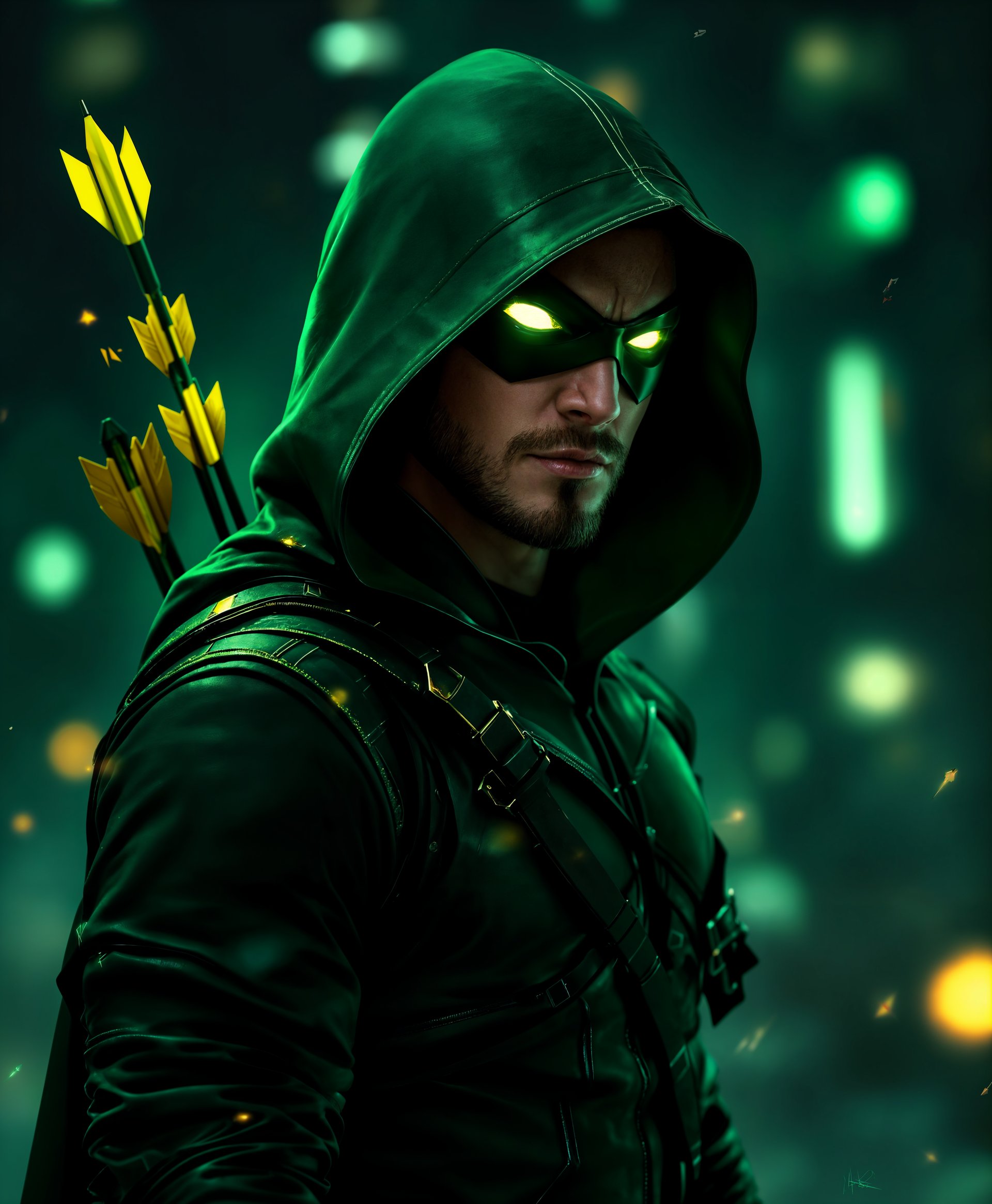 masterpiece, best quality, highres, sharp image, more detail, masterpiece, best quality, highres, sharp image, more detail, A dynamic portrait of **The Arrow**, the iconic DC Comics vigilante, showcasing his mastery over archery. The image captures him in a moment of intense concentration, drawing back his bowstring with an arrow nocked, ready to release. His costume is detailed with green leather, incorporating textures that suggest durability and agility, with his hood partially covering his face, leaving only his piercing eyes visible, glowing with determination.

**Visual Details**: 
- **Costume**: Rich, emerald green leather with detailed stitching, a mask with glowing eyes, and his quiver visible over his shoulder, filled with uniquely designed arrows.
- **Lighting**: Dramatic chiaroscuro lighting with strong contrasts, emphasizing the hero's silhouette against a dark, urban backdrop. Highlights on his bow and the arrowhead to draw attention to his weapon.
- **Colors**: Predominantly dark greens and blacks, with strategic use of yellow or red for his arrow or target to create focal points.

**Style**: 
- The portrait should evoke a blend of comic book art with a touch of realism, reminiscent of Alex Ross's painted style, where superheroes are depicted with a hyper-realistic approach but still retain their comic essence.

**Composition**: 
- **Framing**: Tight shot focusing on The Arrow from the waist up, his bow diagonally cutting through the frame, leading the eye to his intense gaze.
- **Subject Positioning**: He stands in a slightly crouched, ready-to-spring pose, suggesting motion and tension.
- **Camera Angle**: Low angle, looking up at The Arrow, enhancing his heroic stature and giving a sense of power and dominance.

**Mood and Atmosphere**: 
- The atmosphere is tense and charged with anticipation, the city behind him is in the throes of night, with hints of danger or chaos just out of view, reflecting his role as a guardian.
- The time of day is night, with the city lights providing a backdrop that contrasts with his dark silhouette.

**Technical Aspects**: 
- Use of motion blur or speed lines around the arrow to imply its imminent flight, depth of field to isolate The Arrow from the background, and perhaps a slight lens flare from a distant streetlight to add realism.

**Cohesion**: 
- All elements work together to portray The Arrow as a vigilant, prepared hero, ready to protect his city. The lighting, composition, and mood all contribute to the portrayal of his powers and his iconic status within the DC universe.