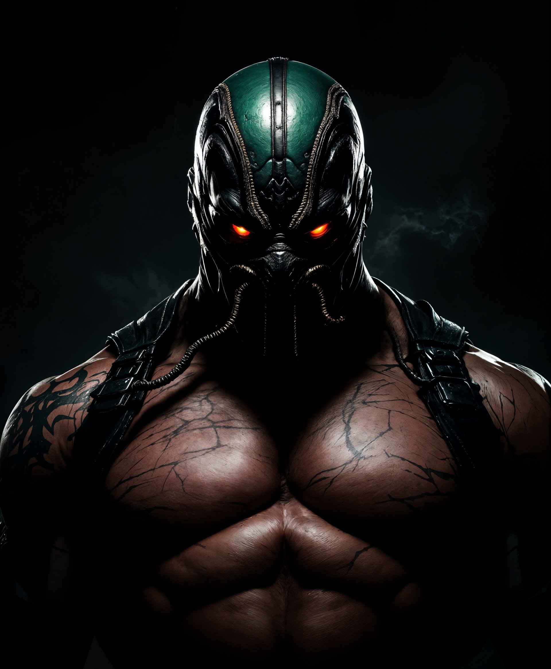 masterpiece, best quality, highres, sharp image, more detail, masterpiece, best quality, highres, sharp image, more detail, **Subject:** Bane from DC Comics

**Visual Details:** 
- **Costume:** His iconic luchador mask, with intricate details like stitching and texture, and a metallic sheen on the venom tubes running from his back to his head. The mask is dark green with black accents, and his eyes glow with a menacing intensity.
- **Body:** Muscular physique enhanced by venom, veins bulging with power, skin showing the wear of battle with scars and tattoos.
- **Lighting:** High contrast with dramatic shadows accentuating his form, backlighting to silhouette his imposing figure against a dark background.

**Style:** 
- **Artistic Influence:** Inspired by the gritty realism of Greg Capullo's comic art, combined with the hyper-detailed digital painting techniques of contemporary artists like Alex Ross.

**Composition:** 
- **Subject Positioning:** Centered, with his head slightly tilted down, looking directly at the viewer with an intense, focused gaze.
- **Camera Angle:** Slight low angle to enhance his imposing stature, making the viewer feel smaller in comparison.
- **Framing:** Close-up to mid-shot, capturing from the waist up, with enough space to showcase his venom tubes and the surrounding dark atmosphere.

**Mood and Atmosphere:** 
- **Time:** Night, with the only light source being dim street lamps or a moon casting an eerie glow.
- **Weather:** Light rain or mist to add a layer of depth and mystery to the scene.
- **Ambiance:** An atmosphere of impending conflict, with the tension palpable in the air, evoking a sense of fear and awe.

**Technical Aspects:** 
- **Lighting:** Chiaroscuro to highlight the contrast between light and dark, enhancing the dramatic effect.
- **Depth of Field:** Shallow focus with the background slightly blurred, emphasizing Bane's presence.
- **Color Palette:** Dominant dark greens, blacks, and grays with strategic use of red to symbolize danger or power.

**Cohesion:** 
- The composition, lighting, and detailed costume design all work together to portray Bane not just as a villain, but as an unstoppable force, embodying strength, intimidation, and a dark, foreboding power.