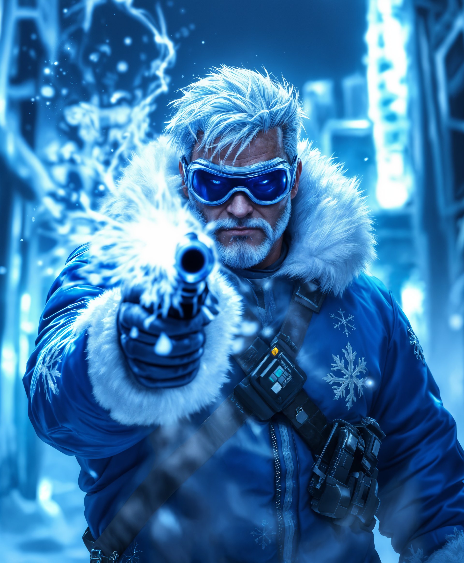 masterpiece, best quality, highres, sharp image, more detail, masterpiece, best quality, highres, sharp image, more detail, **Subject:** Captain Cold from DC Comics

**Scene Description:** Captain Cold stands in the center of the frame, his cold gun aimed directly at the viewer, emanating a chilling mist that swirls around him. 

**Visual Details:**
- **Costume:** His iconic blue parka with white fur lining, ice-themed goggles, and a utility belt filled with various gadgets. The parka has detailed snowflake patterns embroidered in silver thread.
- **Face:** A sinister smirk with frost forming around his mouth and eyebrows, enhancing the cold effect.
- **Lighting:** A stark, icy blue light illuminates him from the front, casting hard shadows that give depth to the frost effects on his face and costume.
- **Background:** A frozen, abstract cityscape, with buildings encased in ice, reflecting the cold light, creating a surreal, almost otherworldly atmosphere.

**Artistic Style:** 
- **Photorealistic:** With hyper-realistic textures on the ice and costume, capturing the intricate details of frost and cold effects.
- **Comics Influence:** The portrait should maintain a nod to comic book art with dramatic, sharp lines and exaggerated expressions.

**Composition:**
- **Framing:** A close-up shot focusing on Captain Cold, with his weapon and face dominating the center of the frame. 
- **Camera Angle:** Slightly low angle to give him a dominant, imposing presence.

**Mood and Atmosphere:**
- **Mood:** Intense, threatening, with an underlying sense of awe and power.
- **Atmosphere:** The air is thick with cold, the environment feels frozen in time, emphasizing his control over ice and cold.

**Technical Aspects:**
- **Depth of Field:** Shallow focus to blur out the background slightly, emphasizing Captain Cold's features and the chilling mist from his gun.
- **Color Palette:** Predominantly cool tones with stark contrasts between the icy blue light and the darker shadows.

**Cohesion:** All elements combine to portray Captain Cold not just as a villain but as a master of cold, with every visual detail from his costume to the background reinforcing his icy domain.