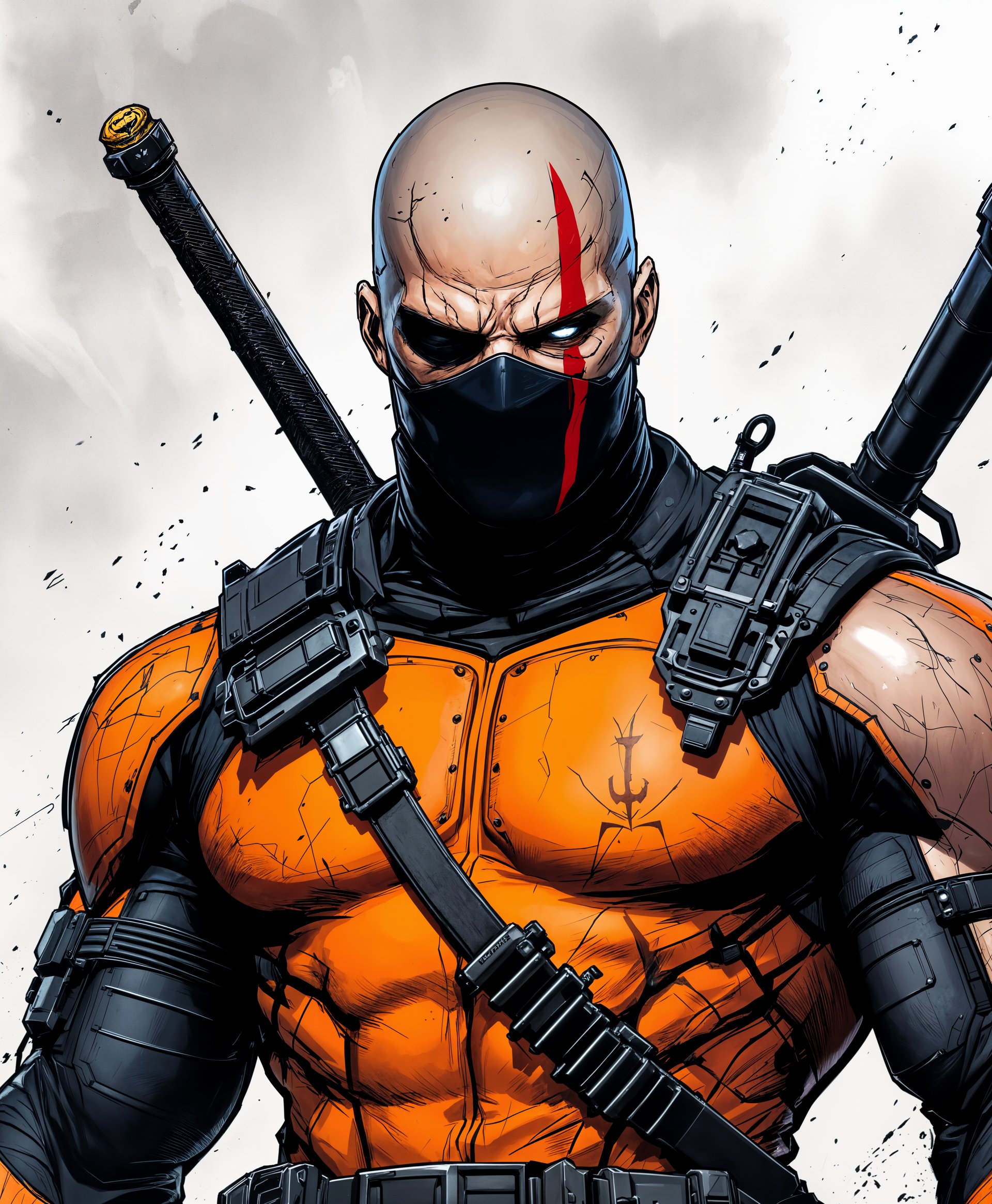 masterpiece, best quality, highres, sharp image, more detail, masterpiece, best quality, highres, sharp image, more detail, Create an **epic portrait** of **Deathstroke from DC Comics**, showcasing his formidable **superhuman abilities**:

- **Character**: Deathstroke, also known as Slade Wilson, an expert mercenary with enhanced physical attributes.
  
- **Visual Details**:
  - **Costume**: His iconic orange and black tactical suit, meticulously detailed with weaponry and utility belts, the mask with one eye covered, and a striking red insignia.
  - **Weapons**: Display his signature sword and/or guns, highlighting their craftsmanship and lethality.
  - **Physical Appearance**: Emphasize his muscular, battle-hardened physique, scars, and an aura of danger.

- **Style**: Employ a **comic book art style** with exaggerated features, bold outlines, and dynamic shading, reminiscent of Jim Lee's work on Deathstroke.

- **Composition**:
  - **Framing**: Close-up or mid-shot, capturing his intense gaze and readiness for battle.
  - **Camera Angle**: Low angle to convey his dominance and power.
  - **Positioning**: Deathstroke in a dynamic pose, perhaps mid-action, showcasing his agility and combat skills.

- **Mood and Atmosphere**:
  - **Mood**: Intense, foreboding, with an undercurrent of calculated violence.
  - **Lighting**: Dramatic chiaroscuro lighting, casting sharp shadows to enhance his menacing presence.
  - **Background**: Minimalistic or abstract to focus on Deathstroke, perhaps with subtle hints of his past battles or enemies.

- **Technical Aspects**:
  - **Depth of Field**: Shallow depth of field to focus on Deathstroke, with the background slightly blurred to emphasize his presence.
  - **Color Palette**: Use a limited, high contrast palette to enhance the comic book feel, with pops of orange and red against darker tones.
  - **Resolution**: High resolution to capture intricate details of his costume and weaponry.

- **Cohesion**: Ensure all elements contribute to the portrayal of Deathstroke as a formidable, strategic, and deadly opponent, blending his comic book origins with a realistic, gritty portrayal.
