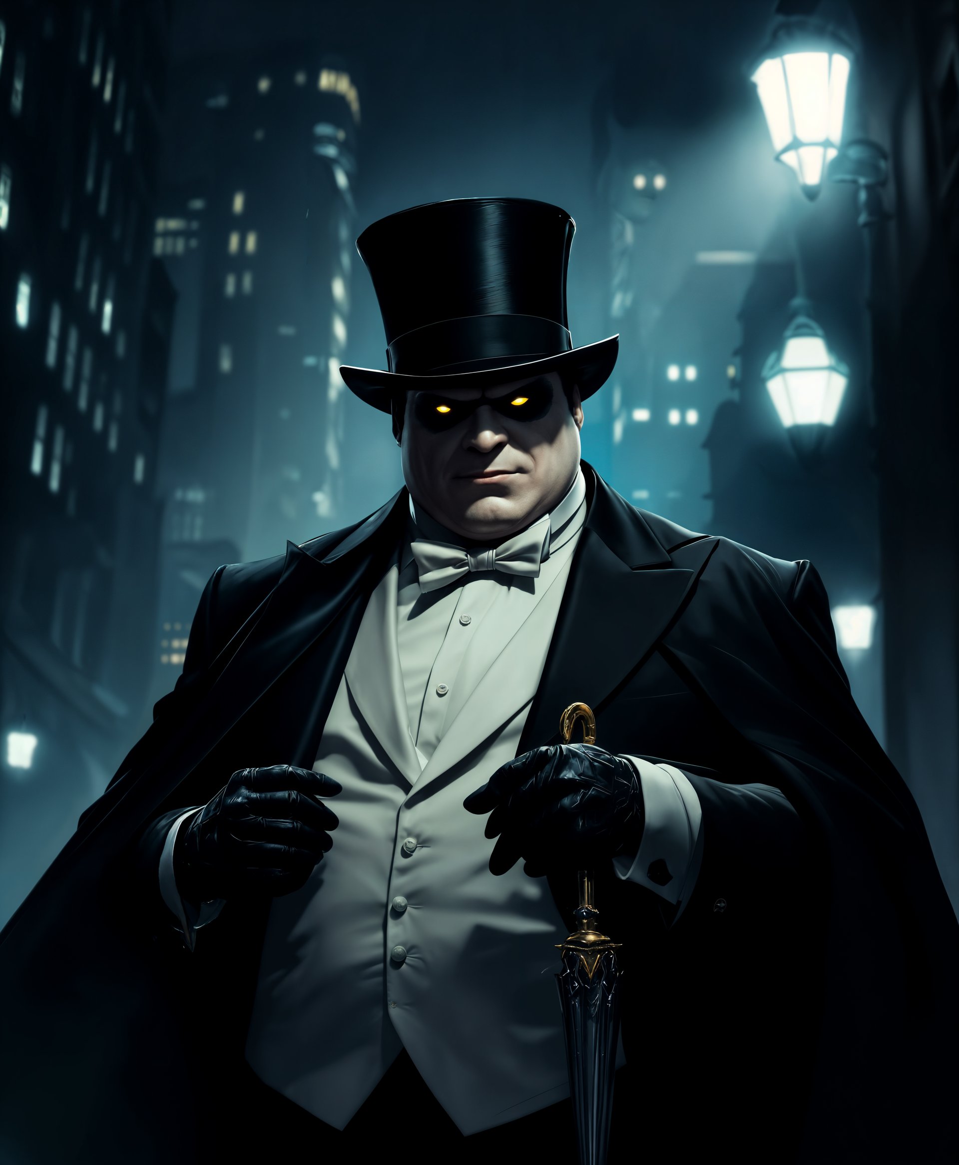 masterpiece, best quality, highres, sharp image, more detail, masterpiece, best quality, highres, sharp image, more detail, **Prompt for Image Generation:**

An epic portrait of The Penguin from DC Comics, showcasing his commanding presence and unique abilities:

- **Subject:** Oswald Cobblepot, The Penguin, stands prominently in the center, exuding power and sophistication. His body language is assertive, with a slight lean forward, emphasizing his dominance. His eyes are piercing, reflecting his cunning nature.

- **Costume:** He is adorned in his iconic tuxedo, tailored to perfection with a crisp black jacket, white shirt, and a bow tie, all of impeccable quality. The fabric has a subtle sheen, suggesting luxury. His top hat is slightly askew, adding a touch of eccentricity. His umbrella, a symbol of his power, is intricately detailed with a silver handle, possibly concealing a weapon or gadget.

- **Setting:** The background is a moody, atmospheric Gotham City, with looming skyscrapers and dark alleys. The scene is illuminated by the dim, eerie glow of streetlights, casting long shadows and highlighting The Penguin's silhouette.

- **Mood and Atmosphere:** The image exudes a sense of danger, mystery, and the clandestine. The lighting creates a chiaroscuro effect, emphasizing contrasts between light and shadow, enhancing the noir feel of Gotham. The atmosphere is thick with tension, as if a crime is about to unfold.

- **Composition:** Use a low-angle shot to make The Penguin appear larger-than-life, with Gotham's skyline framing him like a crown. The composition is symmetrical, with The Penguin's figure as the central axis, drawing the viewer's eye directly to him.

- **Artistic Style:** The style should blend elements of comic book art with film noir aesthetics, capturing the essence of The Penguin in a manner that is both iconic and cinematic. Employ techniques like deep focus to keep both the foreground and background in sharp detail, enhancing the depth of the scene.

- **Technical Aspects:** Employ high contrast lighting to create a dramatic effect, with careful attention to texture rendering to capture the feel of his suit and the urban environment. Use selective focus to blur out less important elements, guiding the viewer's attention to The Penguin.

- **Cohesion:** Every aspect of the image, from the choice of colors (deep blues, blacks, and occasional neon) to the pose and setting, should coalesce to portray The Penguin not just as a villain, but as a master of his domain, Gotham City.