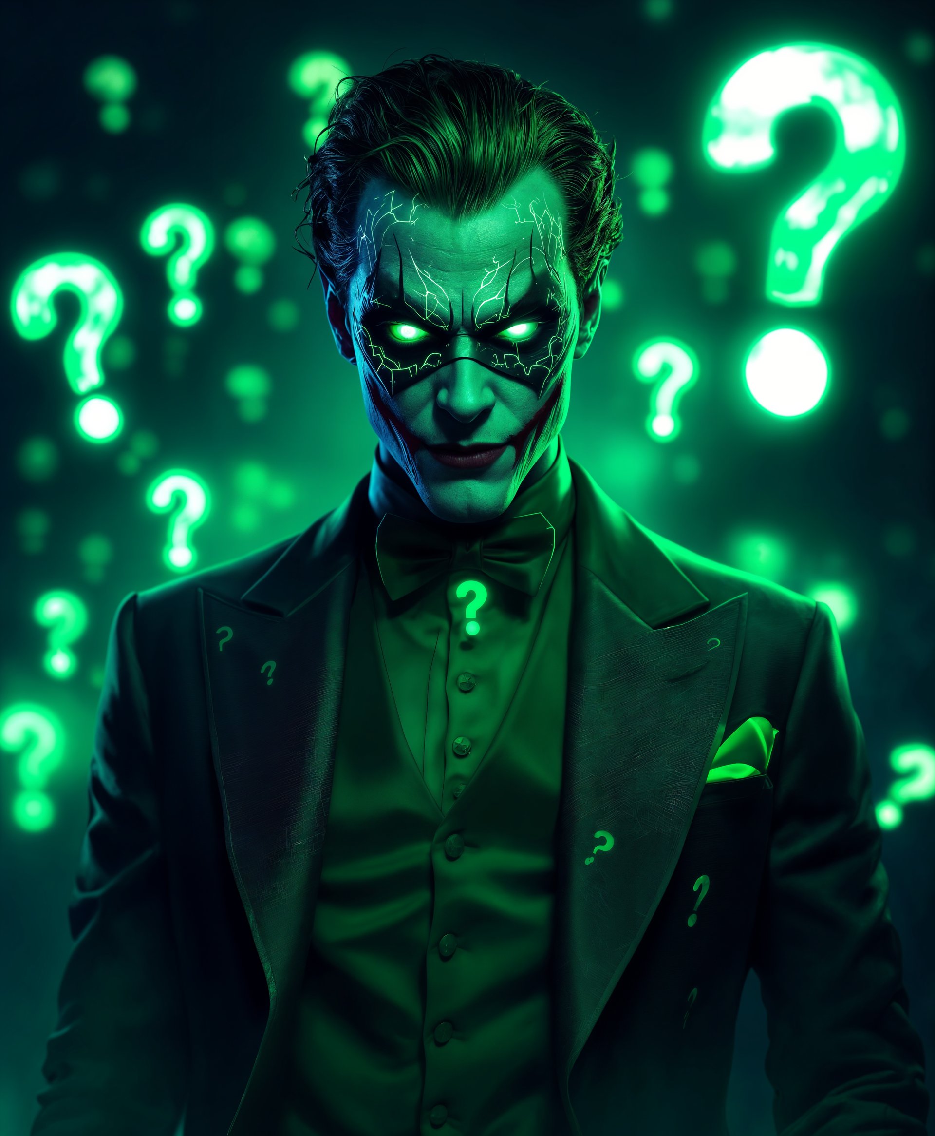 masterpiece, best quality, highres, sharp image, more detail, masterpiece, best quality, highres, sharp image, more detail, Create a hyper-realistic portrait of The Riddler from DC Comics, showcasing his powers in a visually striking manner:

**Visual Details:**
- **Riddler's Costume:** Emphasize the vivid green color of his suit, with question marks in a darker, contrasting green. The fabric should appear slick and slightly reflective, with an almost metallic sheen.
- **Mask:** His mask should have an eerie, otherworldly glow, with intricate, glowing question mark patterns.
- **Lighting:** Use dramatic chiaroscuro lighting with stark contrasts between light and shadow to enhance the mysterious aura around him.
- **Environment:** Surround him with floating, luminescent green question marks that cast an eerie light, creating a surreal atmosphere.

**Style:**
- **Artistic Influence:** Draw inspiration from the neo-noir style of films like "Sin City," with sharp lines, high contrast, and a focus on detail to amplify the comic book feel while maintaining a dark, gritty realism.
- **Photography Technique:** Employ a shallow depth of field, with the background blurred to focus intensely on The Riddler, making his face and costume stand out.

**Composition:**
- **Subject Positioning:** Center The Riddler in the frame, looking slightly off-camera as if he's just posed a riddle to someone out of view, his posture exuding confidence and enigma.
- **Camera Angle:** Use a low-angle shot to make him appear more imposing and powerful, enhancing his villainous persona.

**Mood and Atmosphere:**
- **Time of Day:** Set the scene at twilight, where the city lights begin to illuminate, adding to the mysterious and enigmatic mood.
- **Weather:** A slight mist or fog should be present, creating a soft focus around him, adding to the ethereal quality of his powers.

**Technical Aspects:**
- **Lens Flare:** Include subtle lens flares from the glowing question marks to add depth and highlight his supernatural abilities.
- **Focus:** Ensure the focus is razor-sharp on his face, particularly his eyes, which should gleam with cunning intelligence.

**Cohesion:** The scene should feel like a moment of revelation, where The Riddler's powers are on full display, captivating the viewer with his enigmatic presence and the surreal environment he commands.