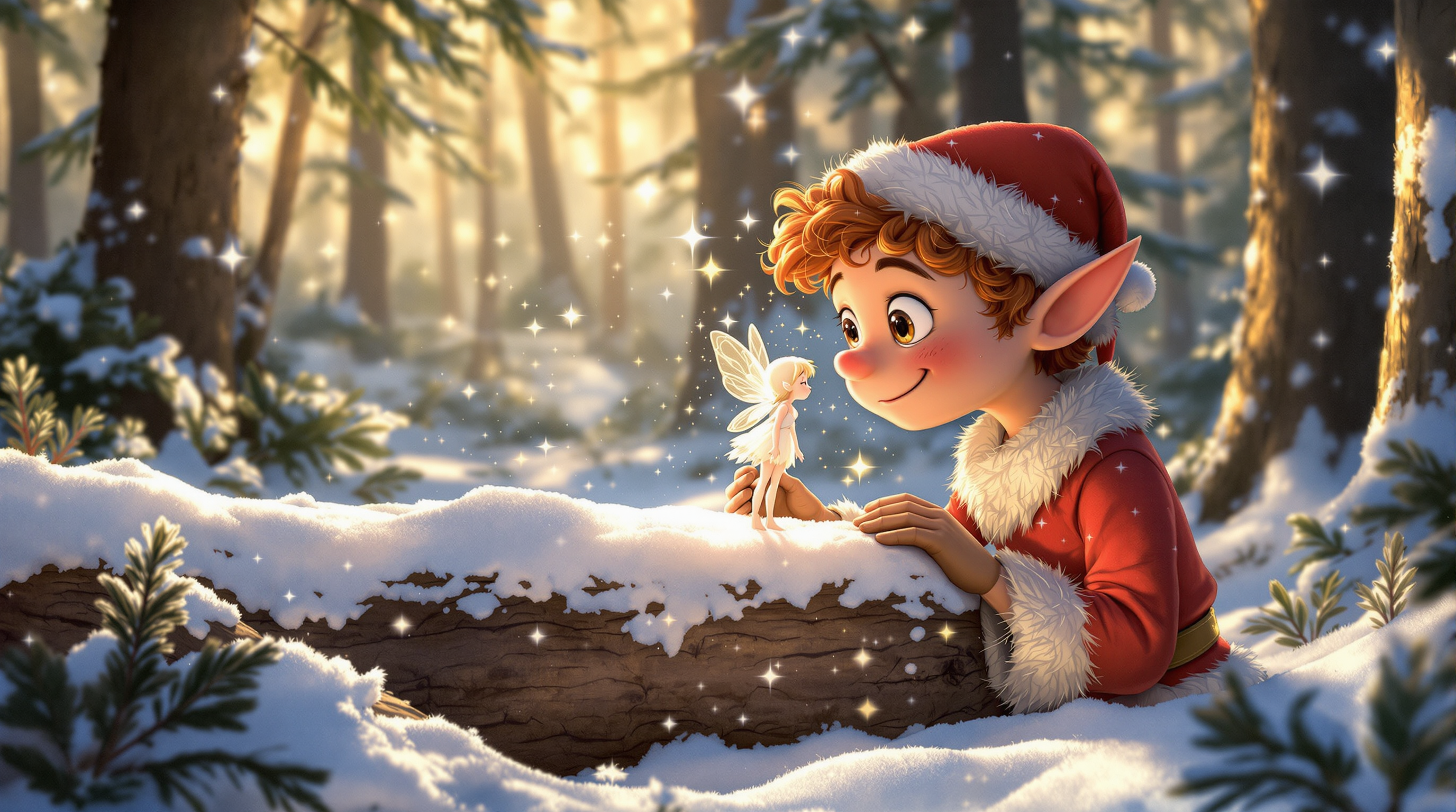 A realistic illustration of a young Santa Elf with big eyes, freckles, and red hair curled in battle. He looks in wonder at a little light fairy standing on a log covered in snow, with stars and fairy dust. The elf gently approaches the fairy to kiss her on the forehead. Sunlight filters through the trees on the snow-covered forest scenery.