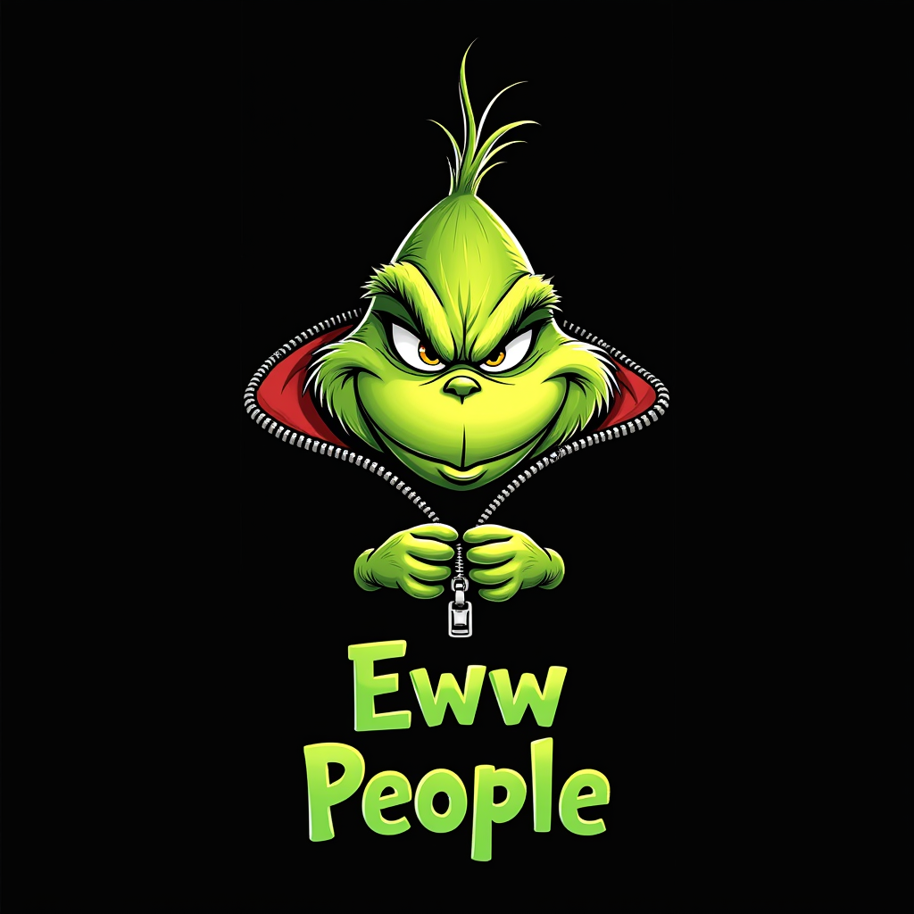 Example: CGI image of the Grinch's head inside of an opening zipper with his hand on the