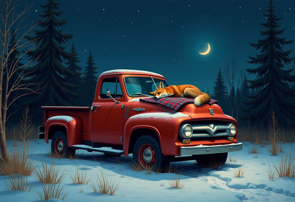 hyperrealism alcohol oil illustration. an old red rusted pickup truck abandoned in the woods. night, crescent moon, stars, snow. a fox asleep on an old blanket on the hood of the truck.