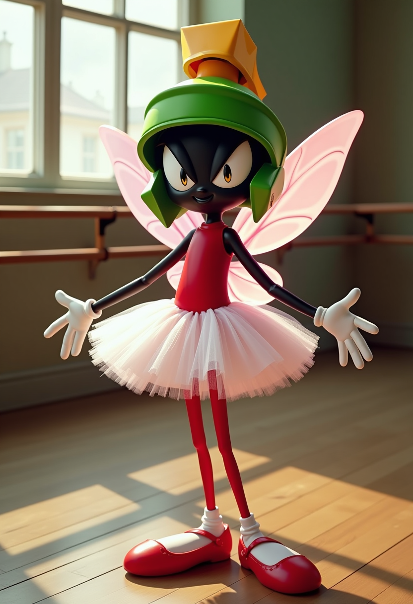 Create an image of [Marvin the Martian] as a fairy. He is wearing a  a white tutu.  The wings and the tutu and the toe shoes are light pink.  Show a ballet studio with bars in the background.