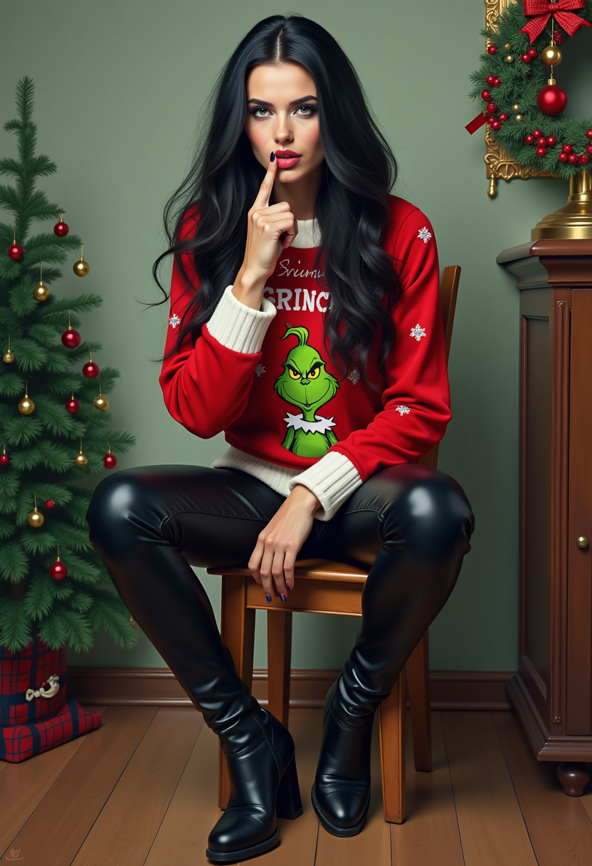 Full body image, oil painting of  beautiful mischievious Caucasian woman with  long, luxurious black hair, half-closed green eyes, lavender eyeshadow, red slightly pouting lips Burtonesque style, wearing a long red Christmas sweater with the Grinch on it and text 'Grinch Please!' on it, leather pants, knee-high heeled boots, sitting on a stool with legs apart, with a bad attitude as symbolized with her mischievous finger, waiting to get her picture taken. Colorful BG. A Christmas tree on the floor beside her.