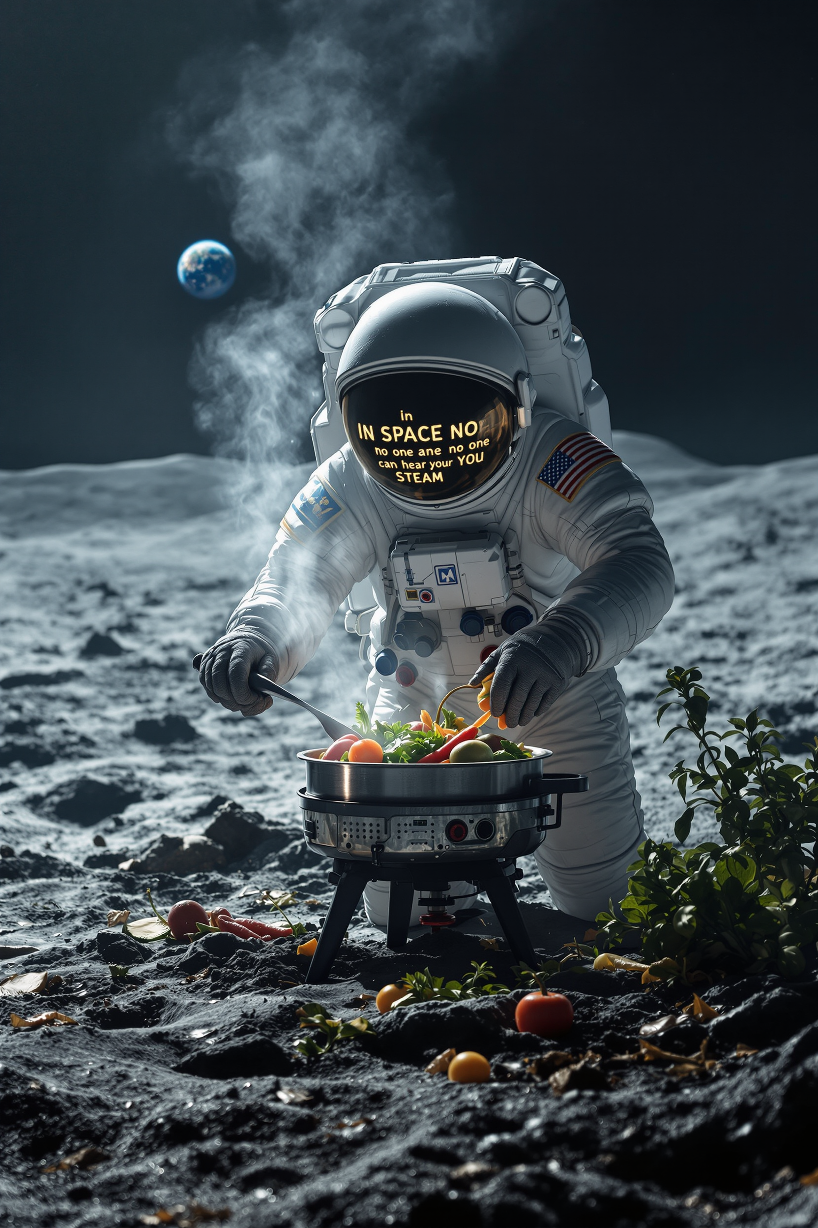 Create this cinematic photo. On the lunar surface. An astronaut uses a steamer to cook vegetables. The scene is dimly lit, and mist hangs in the air. Earth can be seen in the background. Add the words "In Space no one can hear you STEAM"