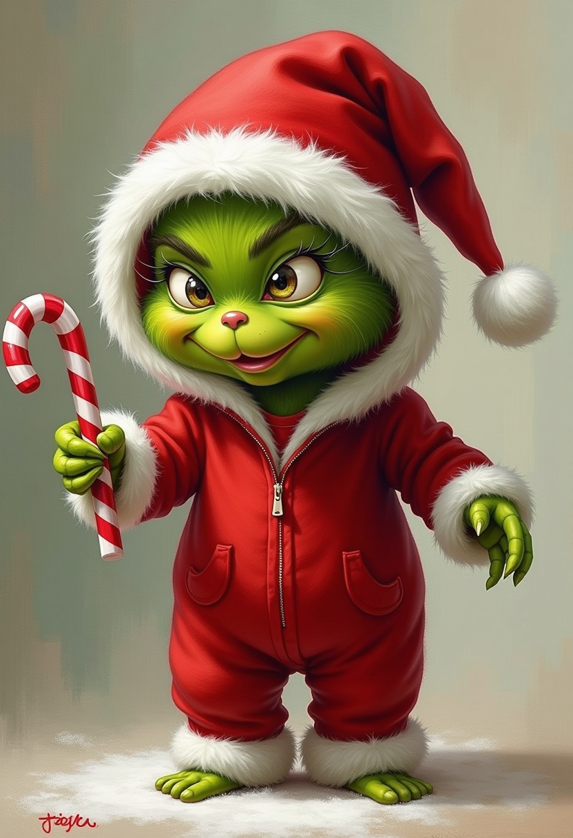 acrylic oil A mischievous little Grinch, dressed in
a fluffy red Santa onesie with a cozy
hood and white trim, sneaks around the
room with a playful grin. His tiny hands
clutch a candy cane, and his red shirt
peeks out from under the suit. With his
oversized Santa hat slightly tilted, he's
ready to cause some holiday mischief-
but his cuteness makes it hard to stay
mad at him