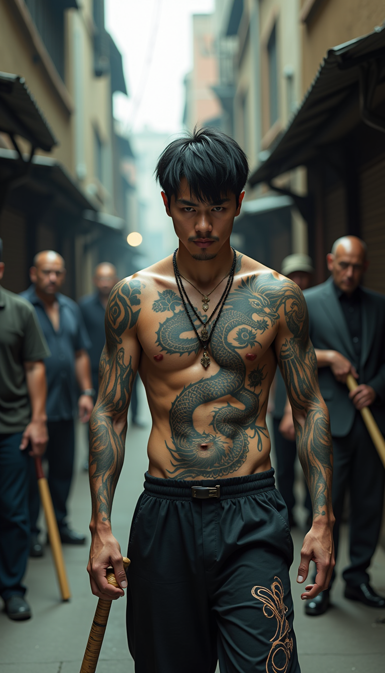 Ultra HD. Ultra realistic photos with high resolution and very high image clarity. A young Japanese man with tattoos all over his body and a large dragon tattoo on his stomach walks down a narrow alley with a rugged face in a corner of the city. In front of baseball bats and men are several men with sharp weapons, depicted like a scene from an action movie