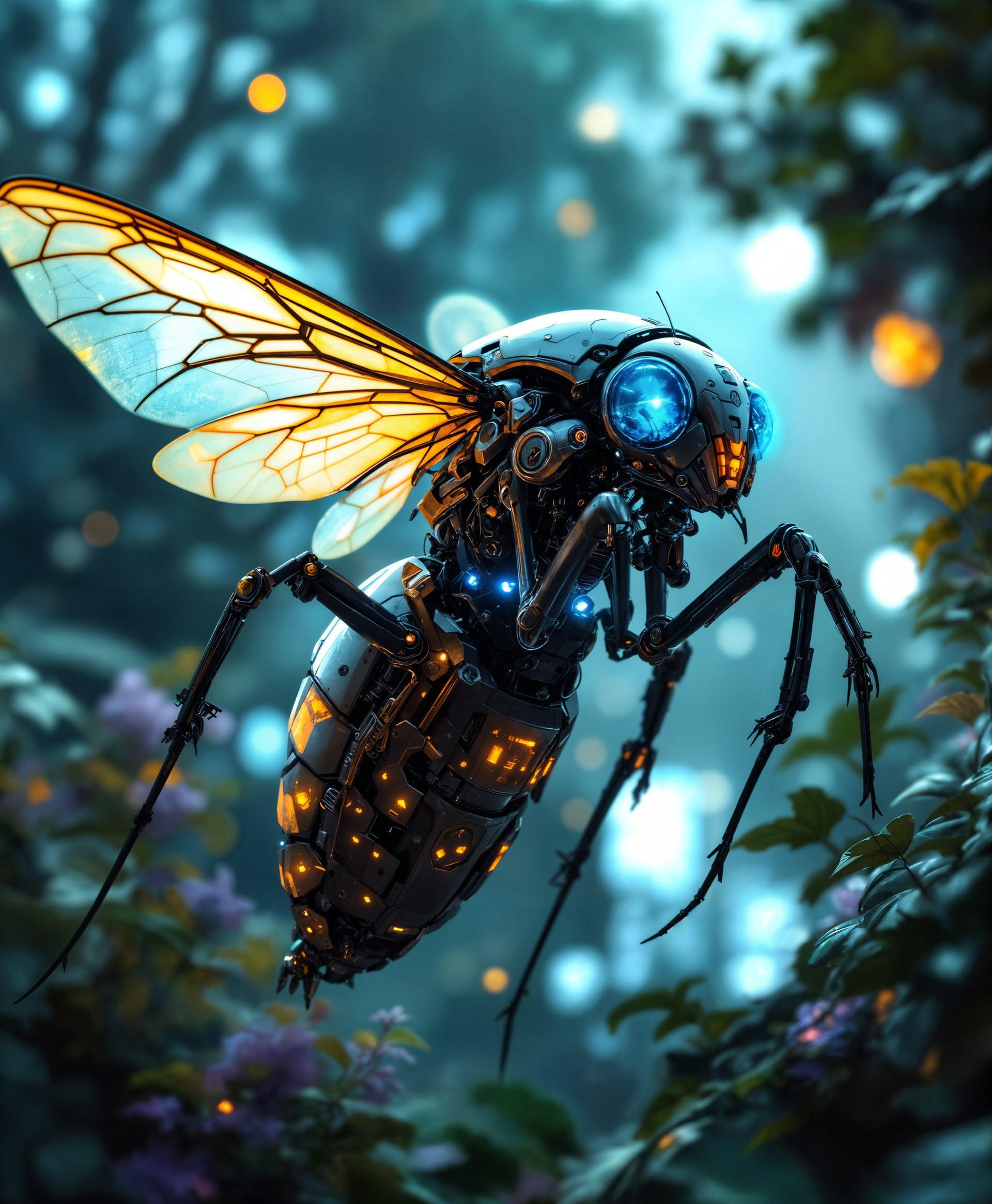 masterpiece, best quality, highres, sharp image, more detail, masterpiece, best quality, highres, sharp image, more detail, **Subject:** A highly detailed portrait of a mecha mosquito, featuring intricate mechanical parts and futuristic technology.

**Environment:** Set in the heart of a futuristic wilderness, where nature and advanced technology coexist in harmony. The background showcases towering trees with metallic leaves, glowing flora, and a sky with both stars and digital screens.

**Visual Details:**
- **Mecha Mosquito:** Crafted with precision, its body is made of sleek, chrome-colored metal with intricate engravings. Its wings are transparent with a subtle iridescent glow, showcasing internal circuitry. The eyes are multifaceted, glowing with a soft blue light, reflecting the environment. 
- **Textures:** The mosquito's body has a mix of smooth surfaces and rugged, weathered parts, suggesting a long life in the wild. The foliage around has a mix of organic and synthetic textures, with vines intertwined with fiber optic cables.
- **Lighting:** The scene is illuminated by a mix of natural moonlight and artificial light sources from the surrounding technology, creating dramatic shadows and highlights that emphasize the mecha mosquito's features.

**Style:** Inspired by cyberpunk aesthetics with a touch of bio-mechanical art, reminiscent of H.R. Giger's work but with a more vibrant and hopeful tone. 

**Composition:**
- **Camera Angle:** A low-angle shot looking up at the mecha mosquito, making it appear larger and more imposing, yet majestic in its environment.
- **Framing:** The mosquito is framed between two futuristic trees, with its body slightly angled towards the viewer, one wing extended as if about to take flight. 

**Mood and Atmosphere:**
- **Mood:** A blend of awe, respect, and slight trepidation, highlighting the coexistence of nature and technology.
- **Atmosphere:** Nighttime, with a gentle breeze causing the metallic leaves to rustle, creating an eerie yet mesmerizing sound. The air feels electric, charged with the energy of the surrounding tech.

**Technical Aspects:**
- **Focus:** Sharp focus on the mecha mosquito with a slight depth of field to blur the background, emphasizing the subject.
- **Color Palette:** Predominantly cool tones (blues, greens, silvers) with accents of vibrant neon colors from the technology.
- **Art Terms:** Employing chiaroscuro for dramatic lighting effects, with elements of steampunk and cyberpunk design. 

**Cohesion:** The scene merges advanced technology with the natural world, creating a believable ecosystem where the mecha mosquito thrives, showcasing the beauty of adaptation and symbiosis in a futuristic