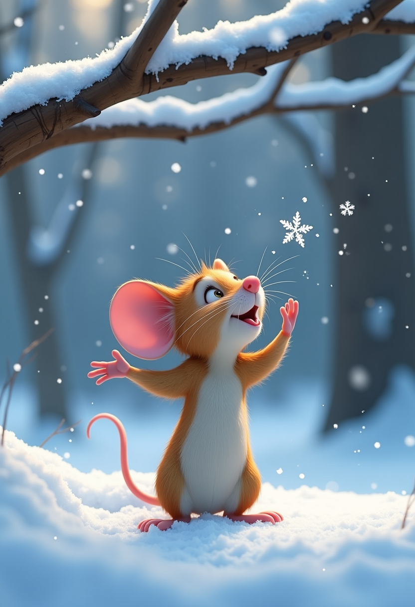 Generate me a humorous Pixar Movie image of an adorable mouse under a snowy tree branch, stretching out her tiny arms and sticking out her tongue to lick a falling snowflake. Winter decor, snowy forest and gently falling snowflakes.