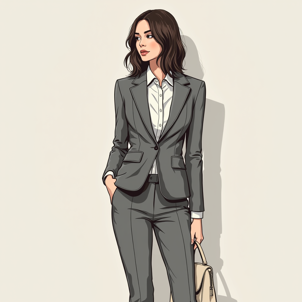 TOKONIA woman illustration wearing a grey fitted suit