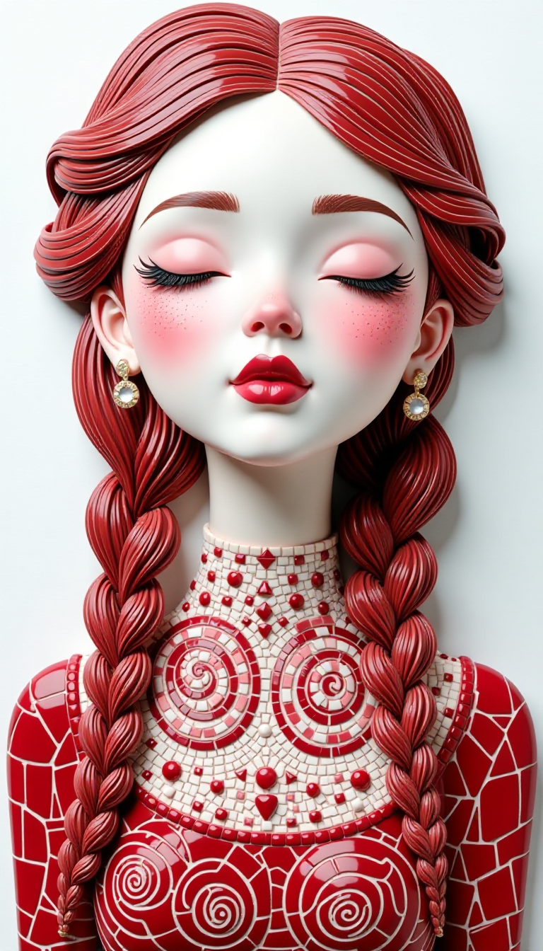 A 3D illustration of a female face with a thoughtful expression and closed eyes. The face is made of mosaic tiles in brilliant ruby red, white, and soft white. The female face has long, wavy hair styled in braids and held in place by mosaic ruby red hairpins. The face is surrounded by a 3D dress decorated with spiral geometric shapes and mosaics in ruby red. The background is white. 