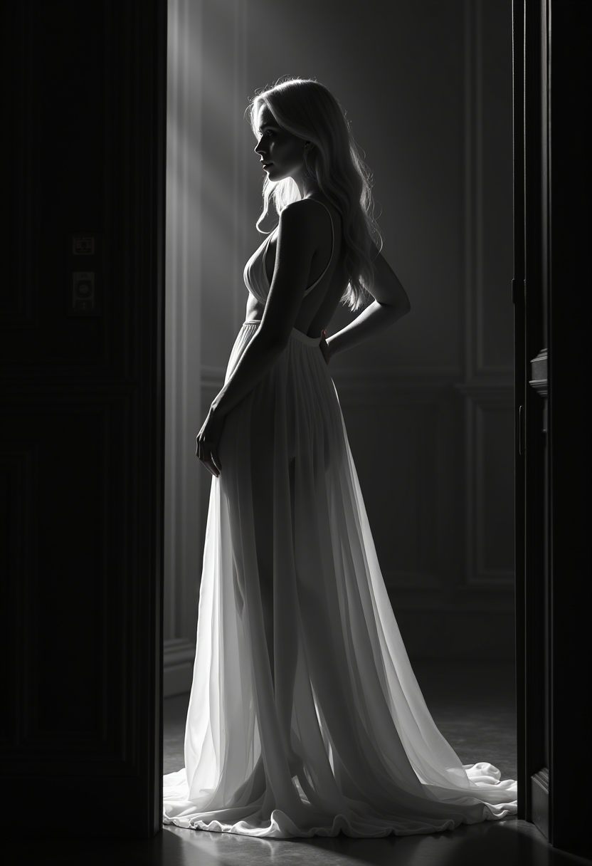 A stunningly beautiful **blonde woman** with a **slender, sensual figure** stands **poised in a dimly lit room**. She wears a **translucent white chiffon dress** that subtly reveals her form beneath, enhancing the **allure and mystique**. 

**Visual Details:**
- **Chiffon Dress:** The fabric is light and airy, flowing around her in a gentle cascade, creating a play of light and shadow that accentuates her silhouette.
- **Black and White:** The scene is rendered in a monochromatic palette with **high contrast**, where the whites glow and the blacks are deep and rich, capturing the essence of film noir.
- **Hair:** Her blonde hair cascades in loose, glamorous waves, framing her face with a soft glow.

**Style:**
- **Sin City Movie Style:** The image captures the essence of the movie's **stylized noir** aesthetic, with sharp contrasts and a focus on texture and form, inspired by the **Sin_City_Movie_Style_SDXL lora** to give it a unique, graphic novel-like quality.

**Composition:**
- **Subject Positioning:** She stands slightly to the side, one hand on her hip, her gaze directed away from the camera, inviting the viewer to ponder her thoughts or the scene beyond her.
- **Camera Angle:** A low-angle shot adds to her stature and allure, with the camera capturing her from below to enhance her presence.

**Mood and Atmosphere:**
- **Dark Room:** The room is shrouded in darkness, with only a few strategic light sources casting dramatic shadows, creating a mood of mystery and seduction.
- **Ambiance:** The ambiance is one of **intrigue and allure**, the dim lighting and high contrast giving the scene a dreamlike, almost otherworldly feel.

**Technical Aspects:**
- **Lighting:** Employ **chiaroscuro** techniques with stark contrasts between light and dark, highlighting her figure against the shadowy background.
- **Photography Technique:** Use of **long exposure** to capture the movement of the chiffon, creating a ghostly, ethereal effect around her form.

**Cohesion:**
- All elements are crafted to evoke a **seamless blend of reality and fantasy**, where the woman becomes an iconic figure in a timeless, yet instantly recognizable, noir setting.