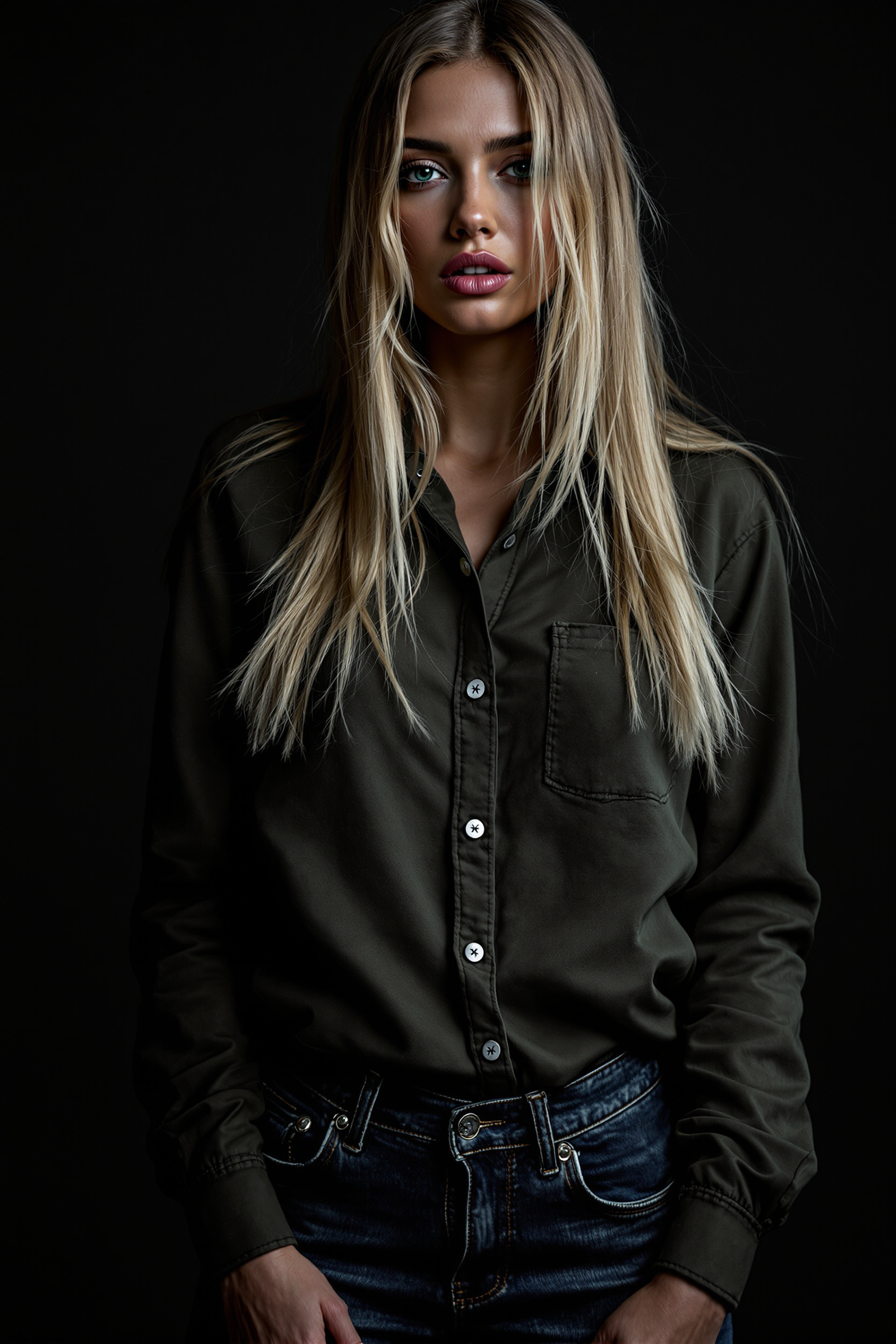score_9, score_8_up, score_7_up, high fashion photography photo of a Dutch woman, straight blonde hair, long sleeve button-up shirt and jeans, high-quality, super-detailed, in the style of dark cinematic fine-art portraits, dramatic lighting, soft shadows, rich textures, moody atmosphere
