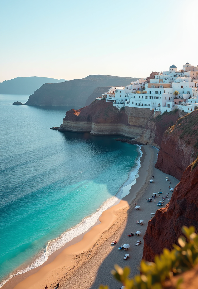 **Subject:** Vychada beach in Santorini, Greece

**Visual Details:**
- **Colors:** Predominantly blue and white; the azure sea, the clear sky, and the iconic white-washed buildings of Santorini.
- **Textures:** The soft, fine volcanic sand of the beach, contrasted with the rugged, rocky cliffs.
- **Lighting:** Golden hour lighting, casting long shadows and bathing the scene in warm, soft light with vibrant sunsets.

**Style:**
- Capture the essence of Mediterranean beauty with elements reminiscent of Greek island art, focusing on naturalistic colors and serene landscapes.

**Composition:**
- A wide-angle shot encompassing the curve of the beach, with the sea to one side and the cliffs leading up to white buildings on the other.
- Foreground features the beach with gentle waves lapping at the shore, middle ground includes scattered sunbathers and umbrellas, and the background shows the iconic cliffside architecture of Santorini.

**Mood and Atmosphere:**
- **Time of Day:** Late afternoon, transitioning into evening for a serene, tranquil atmosphere.
- **Weather:** Clear skies with a hint of the sea breeze, creating a slight motion blur in the water.
- **Ambiance:** Peaceful, inviting, with an underlying sense of timeless beauty and relaxation.

**Technical Aspects:**
- **Depth of Field:** Use a shallow depth of field to focus on the beach while keeping the background buildings slightly blurred.
- **Lens:** Wide-angle lens to capture the expansive view and the grandeur of the landscape.
- **Film Simulation:** Apply a filmic look reminiscent of 35mm film for a nostalgic yet vibrant aesthetic.

**Cohesion:** 
- Ensure the warm glow of the setting sun unifies the scene, from the sea to the cliffs, creating a harmonious blend of nature and human habitation.
