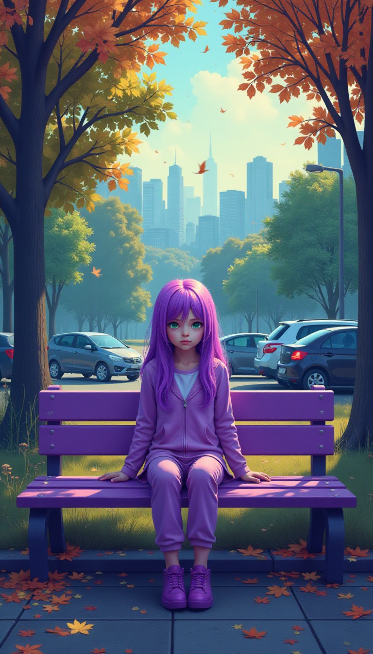 This image is a digitally created artwork that presents a surreal and stylized scene. The art style is reminiscent of a digital painting, with a focus on vibrant colors and a dreamlike quality. The medium appears to be a digital painting software, given the smooth blending of colors and the lack of texture that one might expect from traditional painting mediums.The colors in the image are bold and saturated, with a predominance of purples and blues that give the scene a cool and ethereal feel. The subject is looking at the camera, green eyes. The subjects hair is a striking shade of purple, which stands out against the softer tones of the clothing and the background. The bench and the subjects clothing are a shade of purple that complements the hair, while the background is a mix of greens and yellows, suggesting a setting that could be either early morning or late afternoon.The objects in the image include a purple bench on which the subject is seated, a variety of trees with detailed foliage, and a cityscape in the distance. The cityscape is composed of buildings and parked cars, which are rendered in a more subdued palette to contrast with the vivid foreground. There are also fallen leaves scattered on the ground, adding to the autumnal ambiance of the scene.The composition of the image is balanced, with the subject centrally placed and the background receding into a soft focus. 