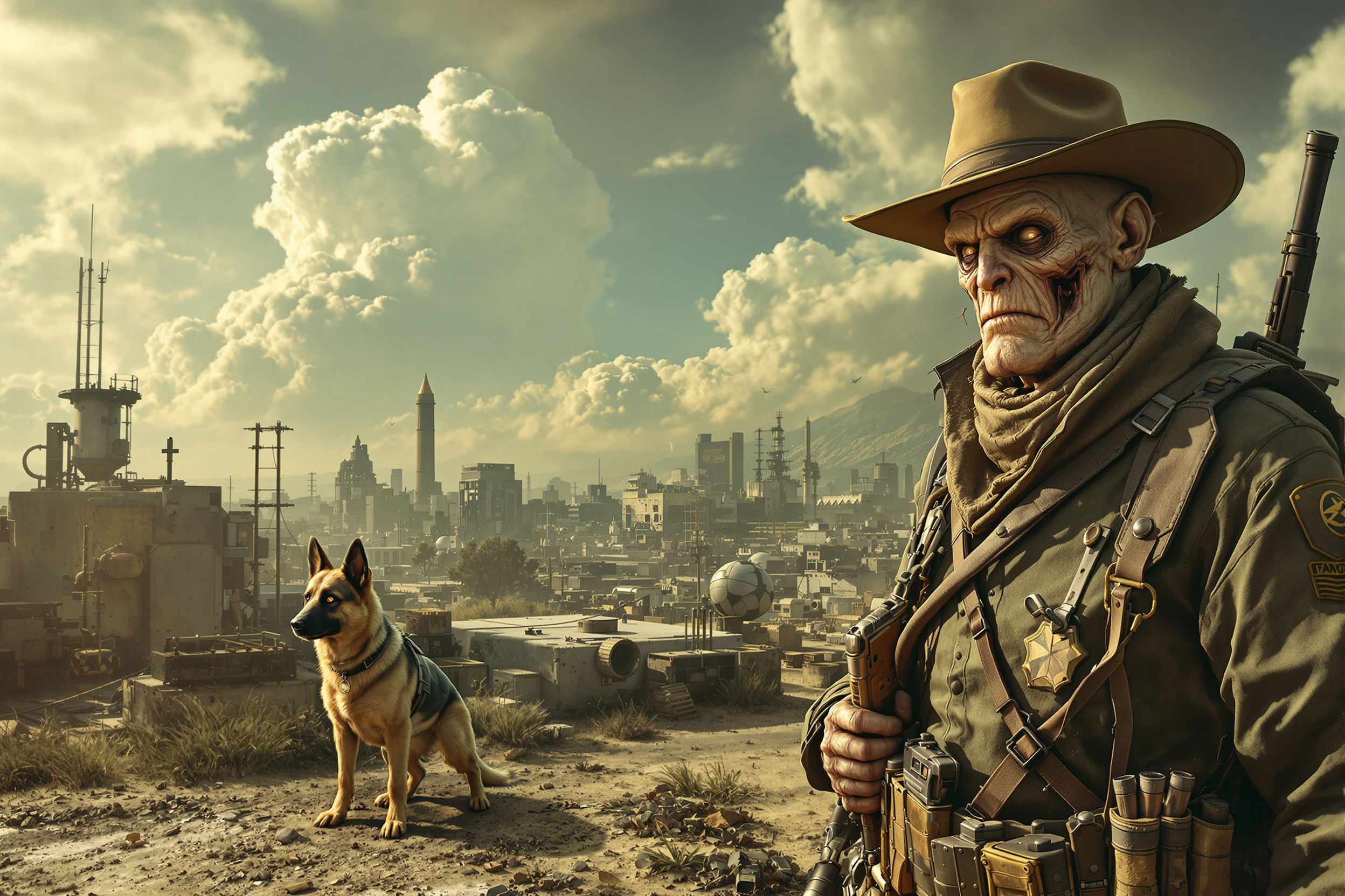 Panoramic view of a Vault-Tec style of Fallout, a close up of The Ghoul, with a cowboy hat, ghoulish looking face, wrinkled melatonin skin, with his young German Shepherd military puppy dog, bandolier with a long duster, six gun and belt. atomic cloud, dirty, a dystopian Los Angeles, CA landscape