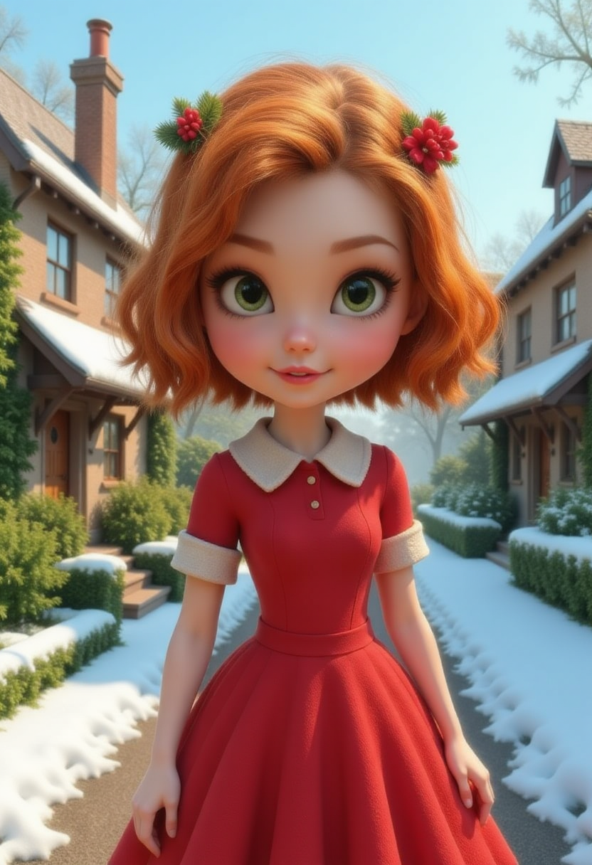 a young 3D cartoon woman, red hair, green eyes, 1950s style, wearing a xmas dress. Xmas theme. suburban background featuring a quaint cottage and cobbled street, snow