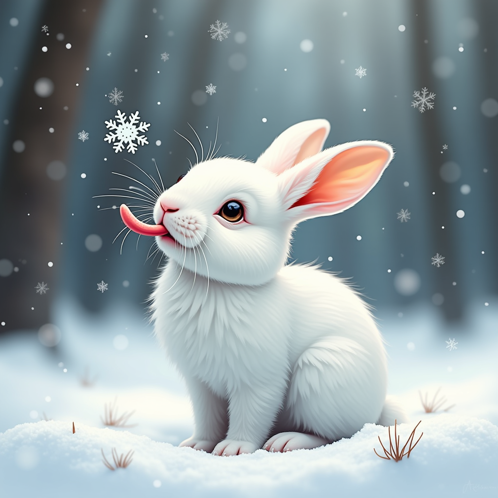 hyperrealism inks alcohol oils. a cute baby white bunny poking it's tongue out trying to catch a very tiny beautiful snowflake that's floating right above its tongue. show full body. snowing, snowflakes, snow on the ground. blurred forest background.