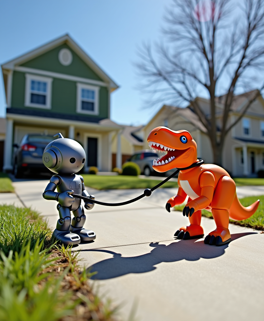 This image is a whimsical and playful scene that appears to be a creative and imaginative setup, possibly a diorama or a staged photograph. The art style is reminiscent of a stopmotion animation or a diorama, with a focus on creating a story or a scene using various objects and figures.The medium seems to be a combination of plastic and possibly some metal or glass elements, as well as a painted concrete surface for the ground. The colors are bright and vivid, with a focus on oranges, greens, and grays, which gives the scene a lively and cheerful feel.In the foreground, there is a humanoid robot figure with a gray and black color scheme. The robot has a humanoid form with a torso, arms, and legs, and is holding onto a leash attached to a creature that resembles a dinosaur or a prehistoric animal. The creature is orange with black claws and teeth, and has a gaping mouth, giving it a fierce appearance.The robot and creature are on a concrete surface that has been painted to look like grass, with green patches and brown dirt. The grass is on the left side of the image, and the concrete is on the right, with a slight slope towards the creature.In the background, there is a suburban neighborhood with houses, trees, and a car parked on the street. The houses are twostory with green siding and white trim, and the trees are bare, indicating it might be late autumn or winter. The sky is clear and blue, with no clouds, and the sunlight is casting shadows on the ground, indicating it is daytime.Overall, the image is a creative and imaginative setup that combines various objects and figures to create a playful and whimsical scene. The art style is reminiscent of stopmotion animation or a diorama, with a focus on bright colors and a storydriven narrative.