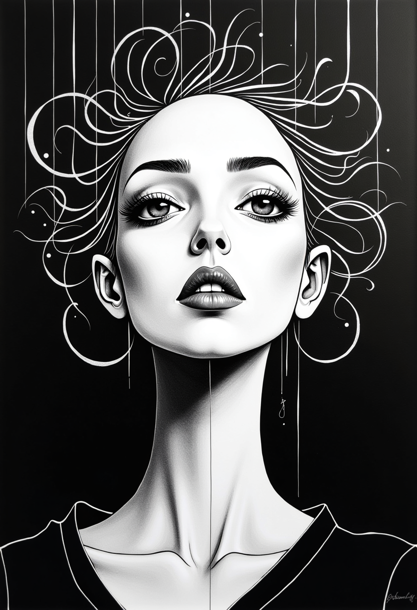 A mesmerizing abstract portrait of a female figure, reminiscent of Richard Hambleton's minimalistic style. The woman is depicted in a high contrast monochrome palette, with sharp lines and geometric shapes defining her features. Her eyes are exaggerated, and her hair is a striking combination of straight lines and swirls. The background is a dark void that accentuates the subject's strong presence, creating a compelling and striking visual experience.