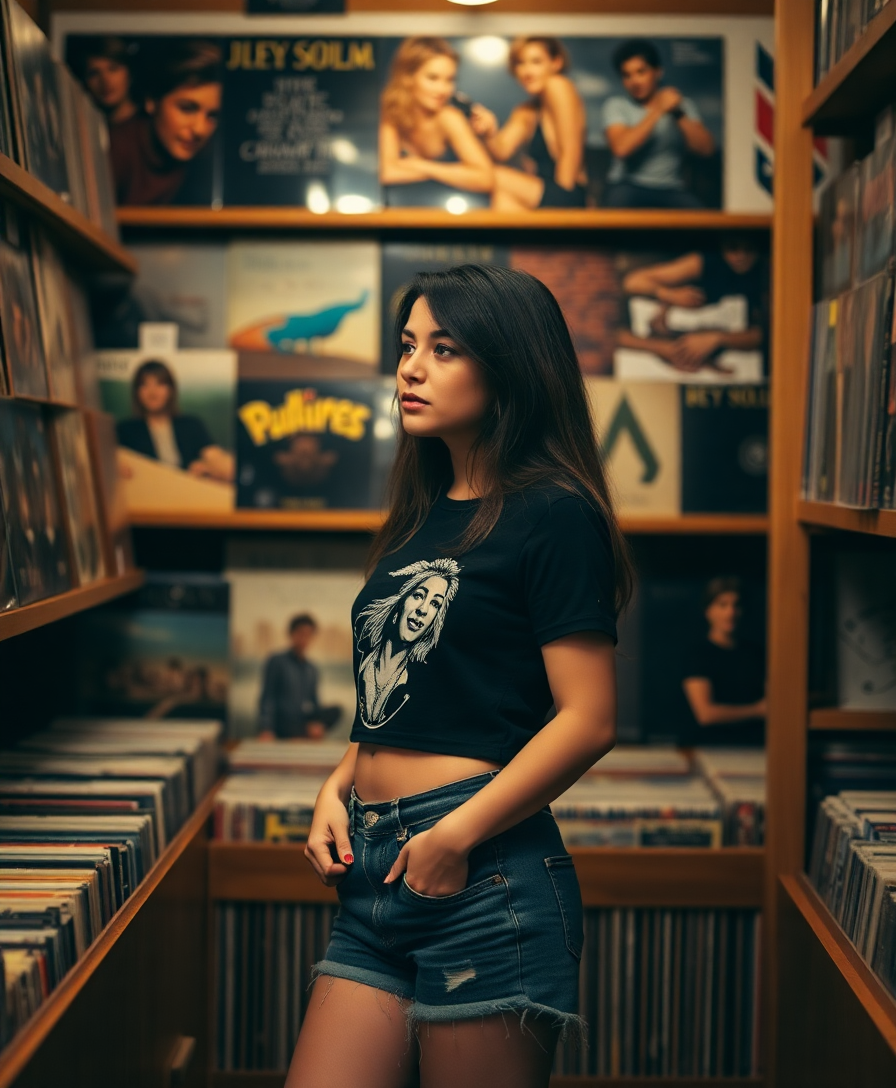 The image exudes a nostalgic and relaxed mood, with a touch of contemplative solitude. The warm, ambient lighting and the carefully curated vinyl collection in the background contribute to a cozy, introspective atmosphere. The woman in the foreground, dressed casually in a black top with a graphic design and denim shorts, seems to be lost in thought, perhaps pondering over music choices or memories evoked by the records. The blurred shelves and the careful framing of the subject add depth and focus, drawing the viewer into a moment of quiet reflection within the stores collection.