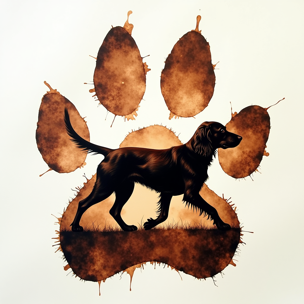 an oil and alcohol ink double exposure of a a dog's pawprint. inside the pawprint is a dark chocolate brown“sprocker spaniel“ it looks like as if the dog is walking out of the pawprint, realistic