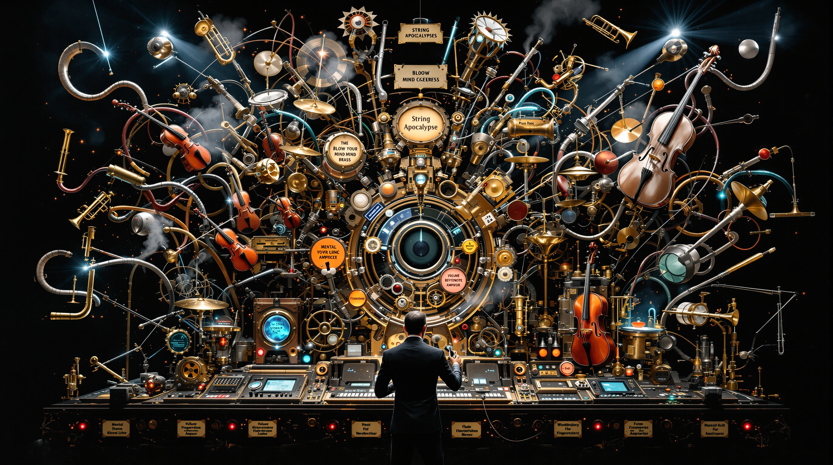 "Surreal, chaotic multi-instrument music machine designed for human control, bursting with energy and unpredictability. The machine is asymmetrical, with various instruments like violins, cellos, trumpets, and drums suspended in mid-air by spinning, twisting mechanical arms that move erratically. Each arm is powered by glowing pistons and whimsical gears, with steam hissing and sparks flying. A human operator, in an eccentric suit with goggles and gloves, stands in front, pulling levers, turning dials, and pushing buttons to control the chaos. Labels such as 'String Apocalypse' and 'Blow Your Mind Brass' flash on rotating brass plaques. Transparent tubes filled with glowing fluid—labeled 'Mystic String Essence'—link the instruments in a tangled web. Some instruments are overactive, spinning wildly; others require manual intervention to bring them into alignment. The piano and harpsichord have mechanical fingers that play erratically, needing constant adjustment from the operator. Drums are struck by robotic arms that move unpredictably, creating spontaneous rhythms. Woodwinds (flute, piccolo, saxophone) whistle and hum, connected by glowing air tubes that expand and contract with the rhythm of the machine. The rear of the machine is a chaotic tangle of exposed gears, energy tubes, and flashing lights, labeled 'Mental Reverb' and 'Ghost Note Amplifier.' The operator's console is cluttered with buttons labeled 'Panic Button,' 'Volume Beyond Limits,' and 'Fingerspitzengefühl Mode,' which the operator must engage in quick succession to maintain control. The aesthetic is a mix of steampunk, dieselpunk, and sci-fi, with aged brass, worn copper, and polished black glass. The machine is alive with sound, motion, and energy, creating an overwhelming sense of chaotic control and invention, like something out of Storm P or Professor Baltazar's wildest creations."